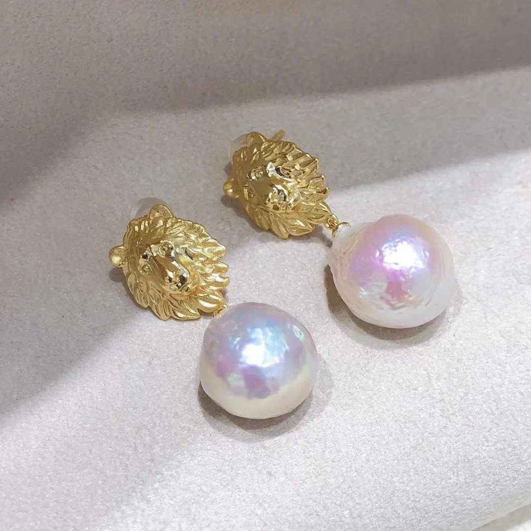 Patron saint lion design real pearl earrings