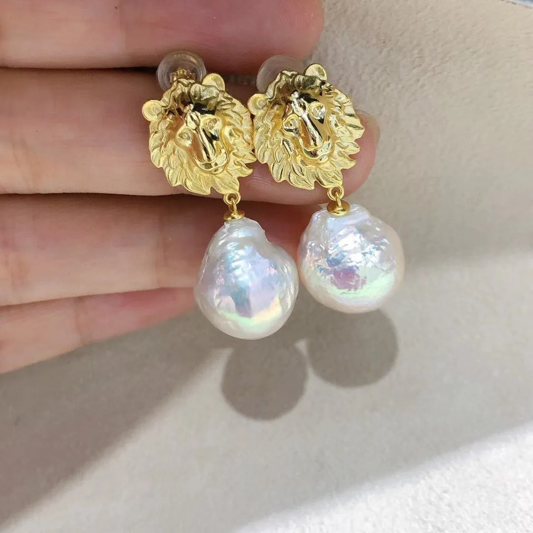 Patron saint lion design real pearl earrings