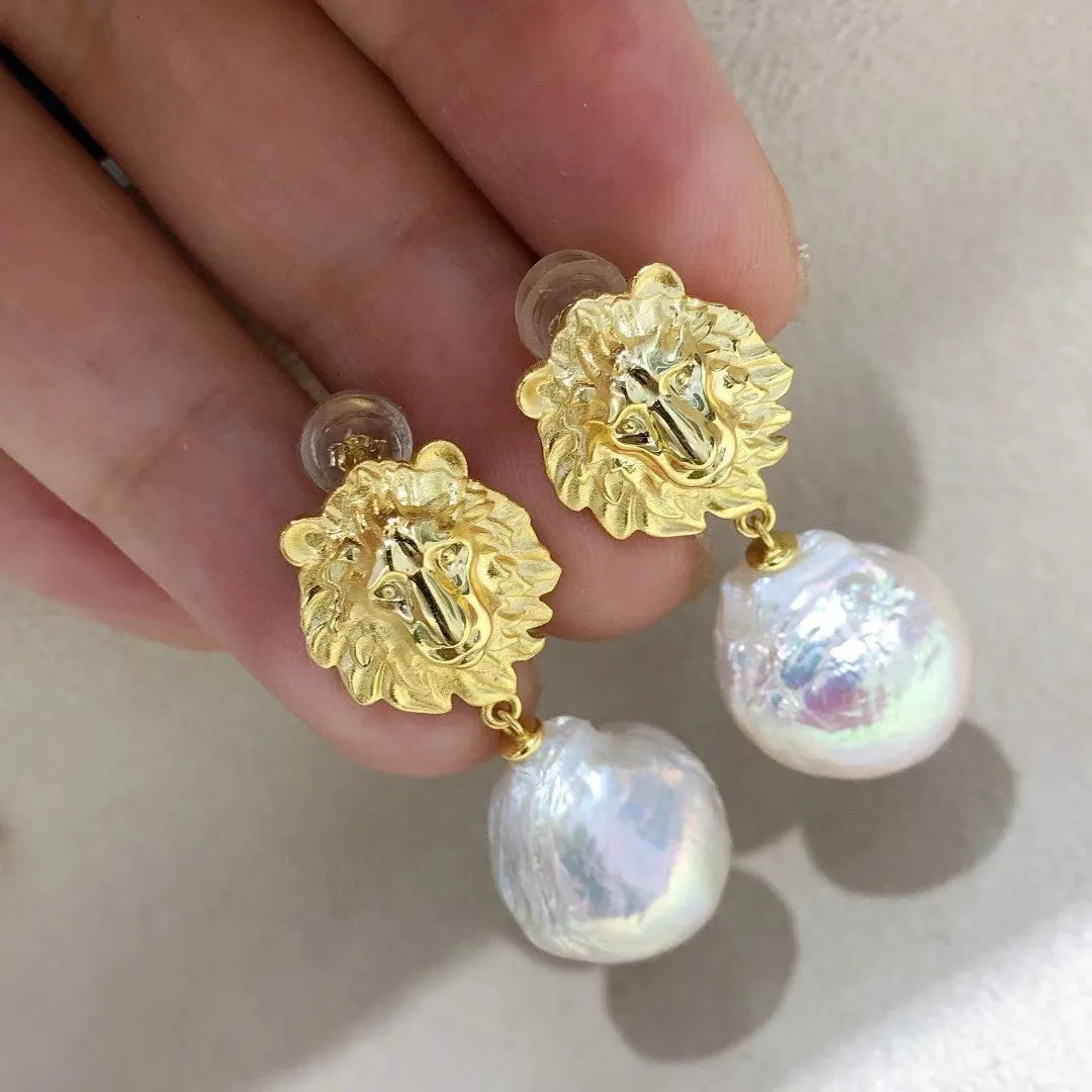 Patron saint lion design real pearl earrings