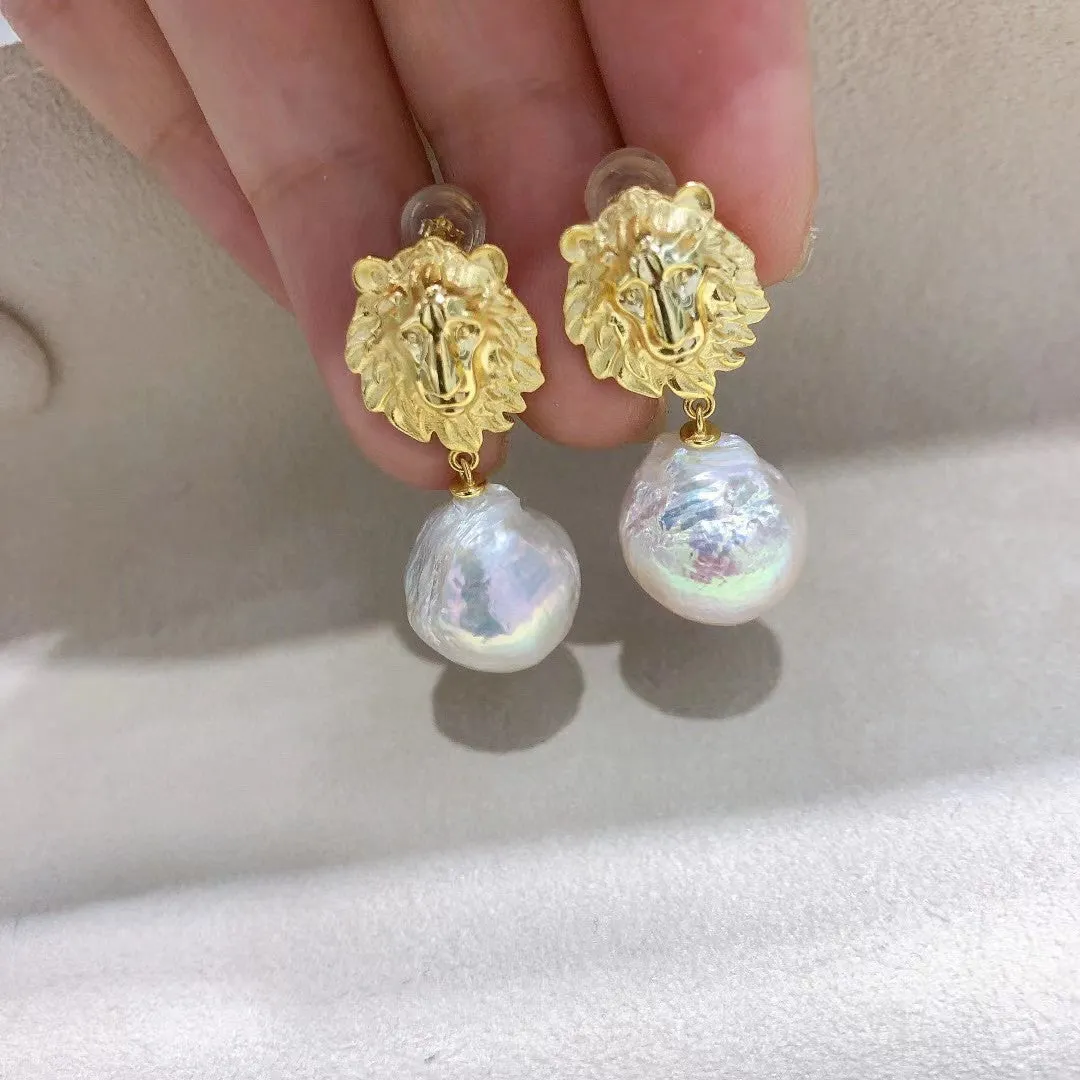 Patron saint lion design real pearl earrings