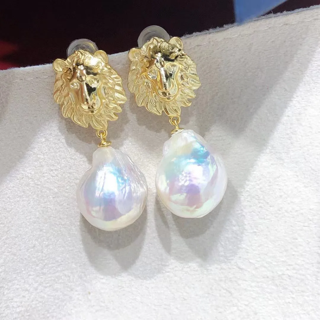Patron saint lion design real pearl earrings