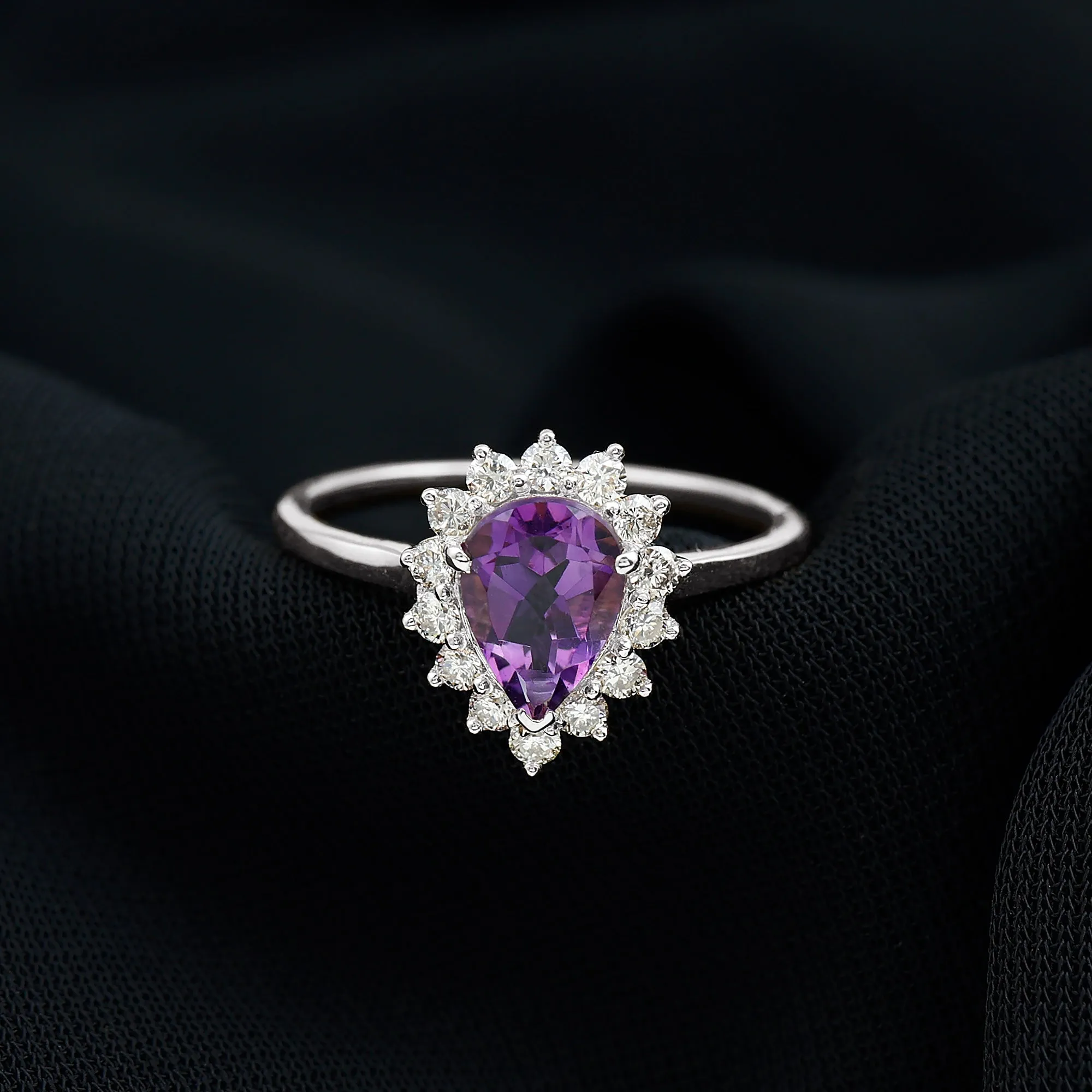 Pear Shape Amethyst Teardrop Ring with Diamond Halo