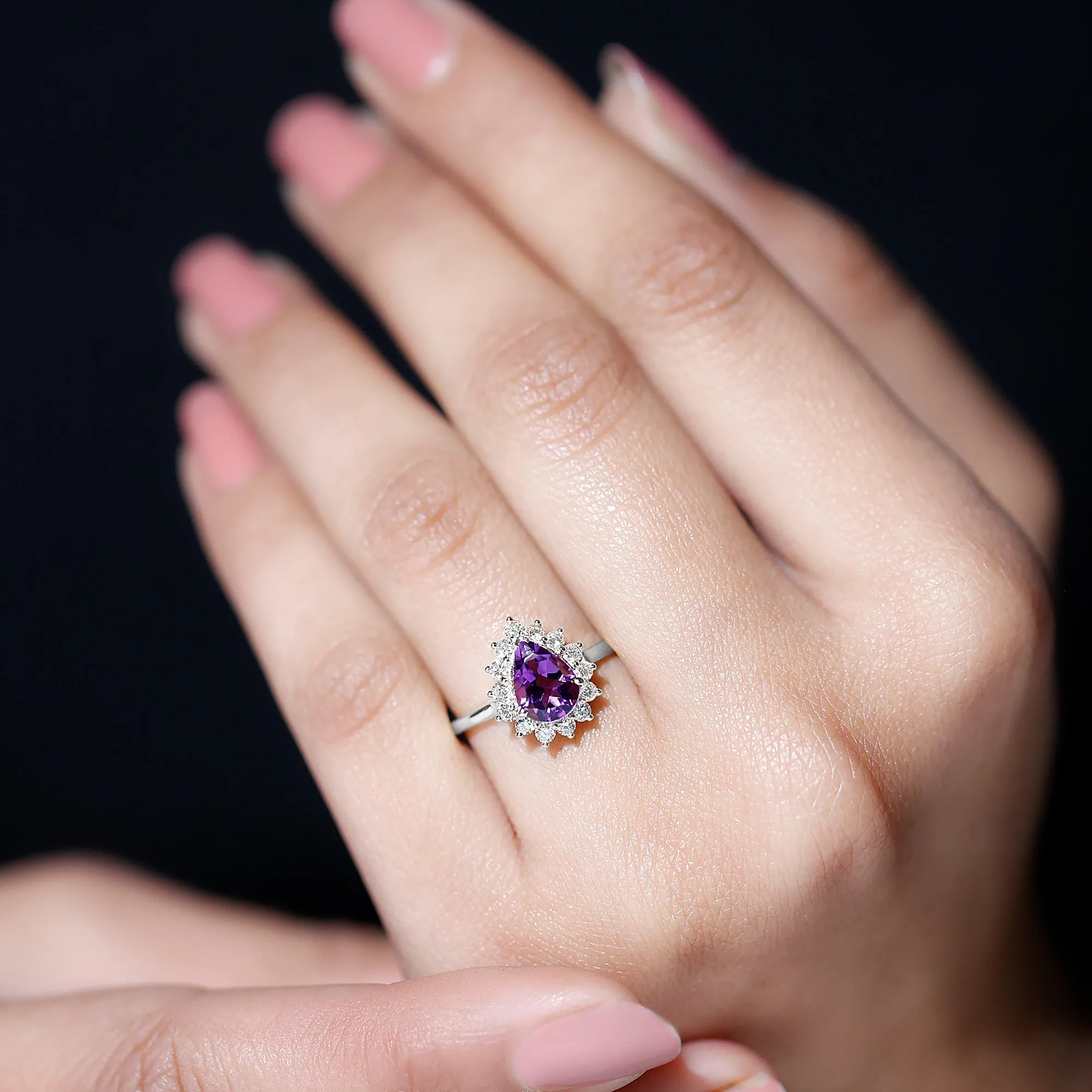 Pear Shape Amethyst Teardrop Ring with Diamond Halo
