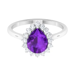 Pear Shape Amethyst Teardrop Ring with Diamond Halo