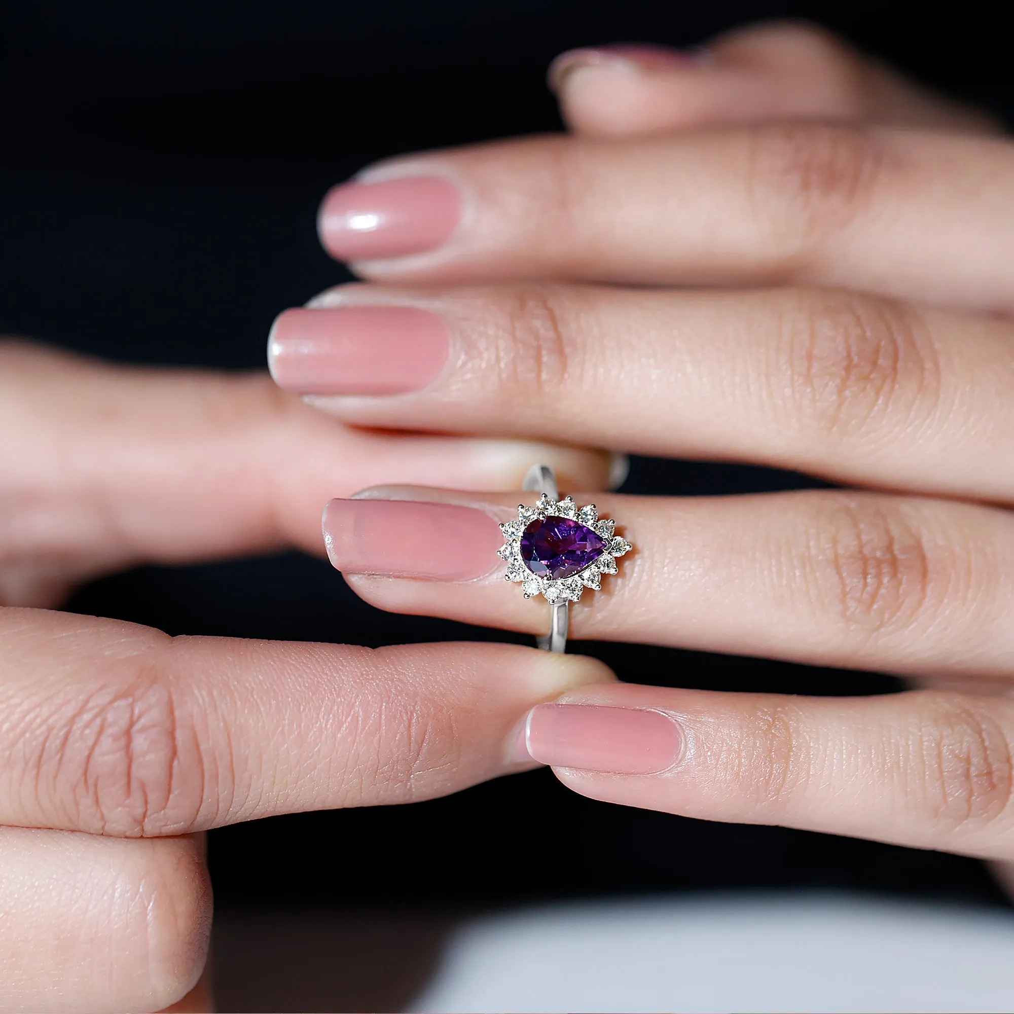 Pear Shape Amethyst Teardrop Ring with Diamond Halo