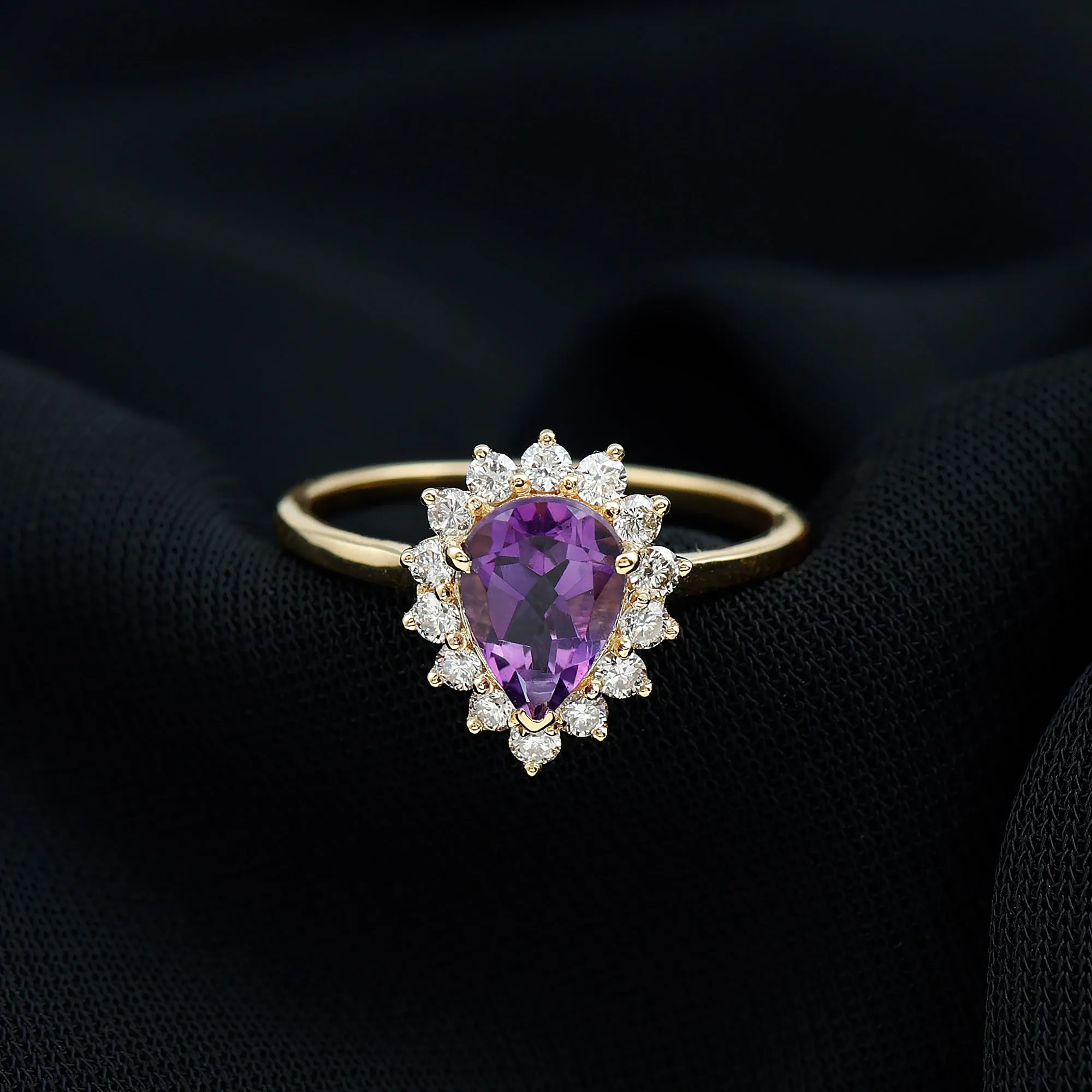 Pear Shape Amethyst Teardrop Ring with Diamond Halo