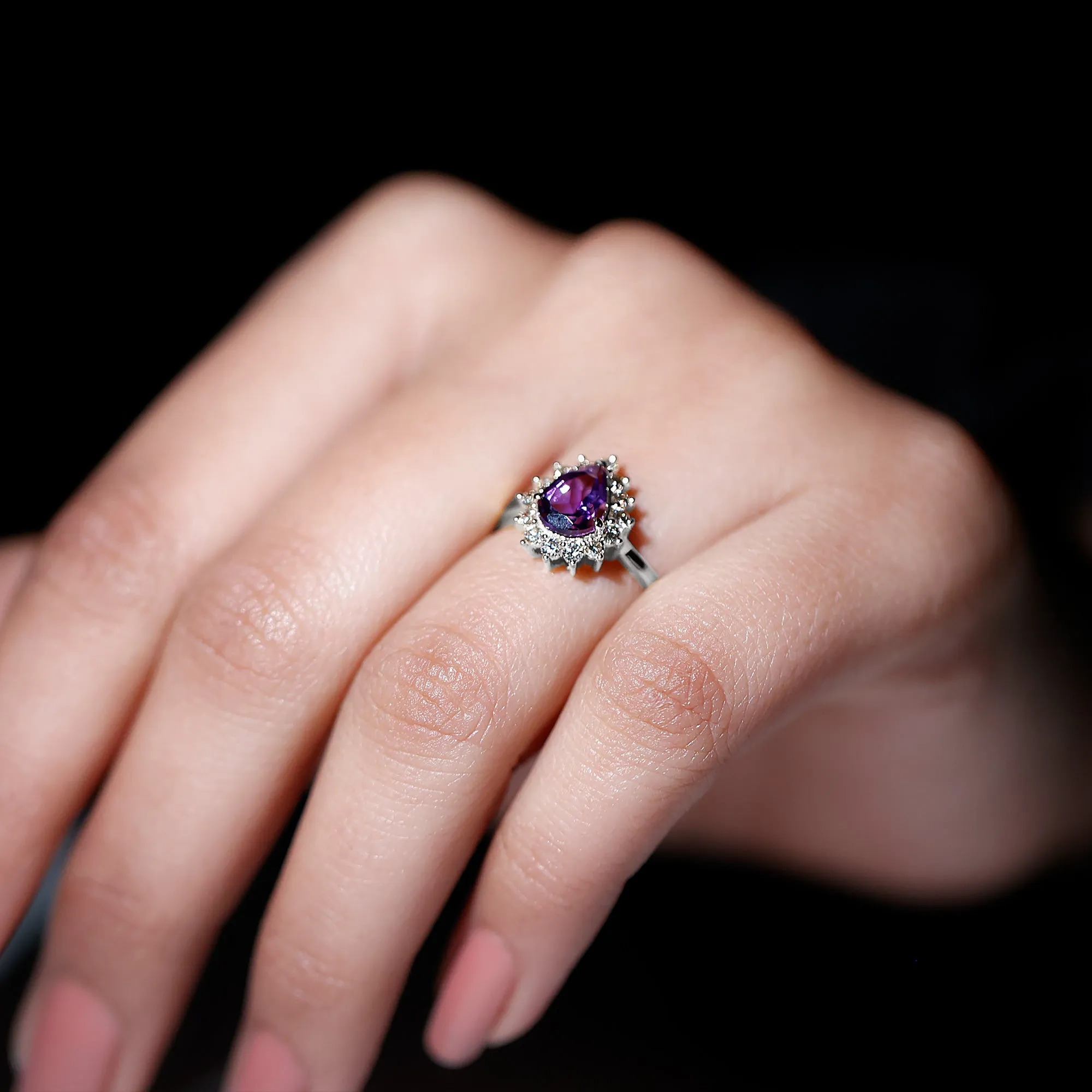 Pear Shape Amethyst Teardrop Ring with Diamond Halo