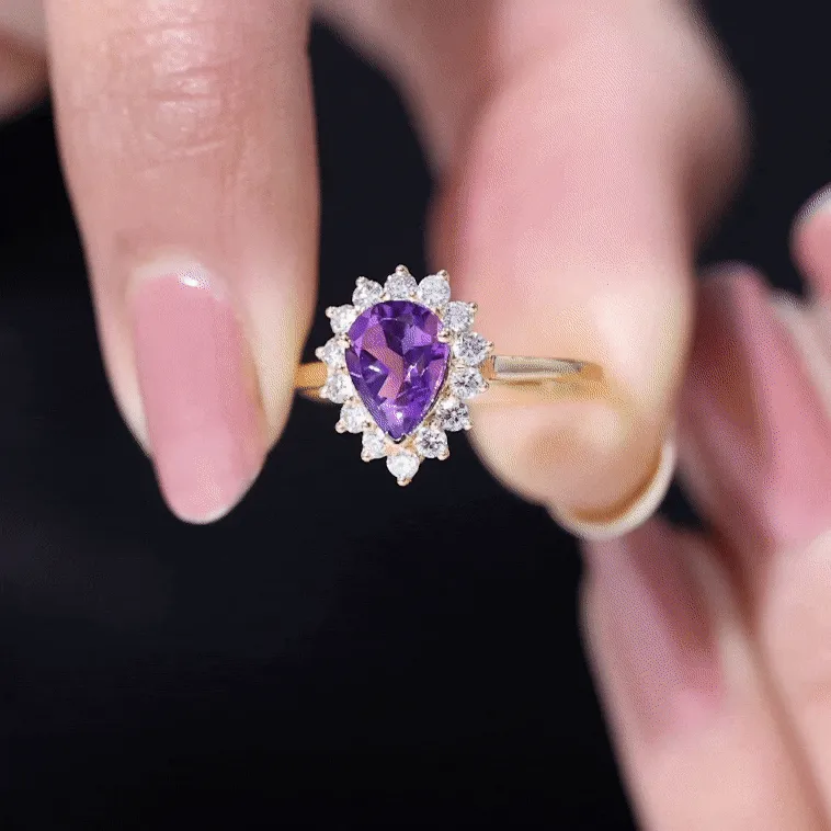Pear Shape Amethyst Teardrop Ring with Diamond Halo