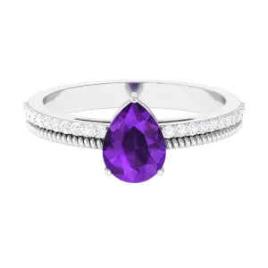 Pear Shaped Amethyst and Diamond Solitaire Ring with Twisted Rope