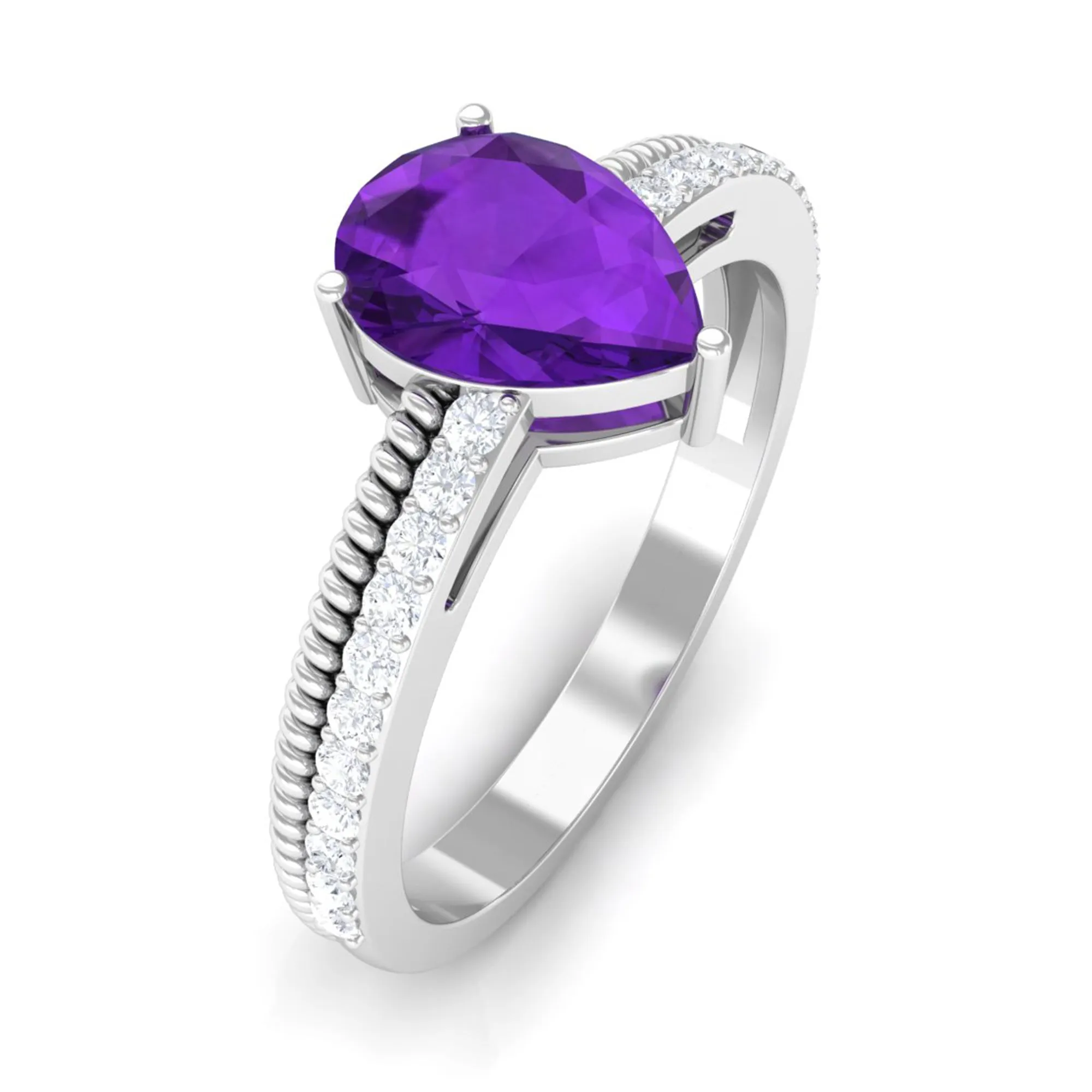 Pear Shaped Amethyst and Diamond Solitaire Ring with Twisted Rope
