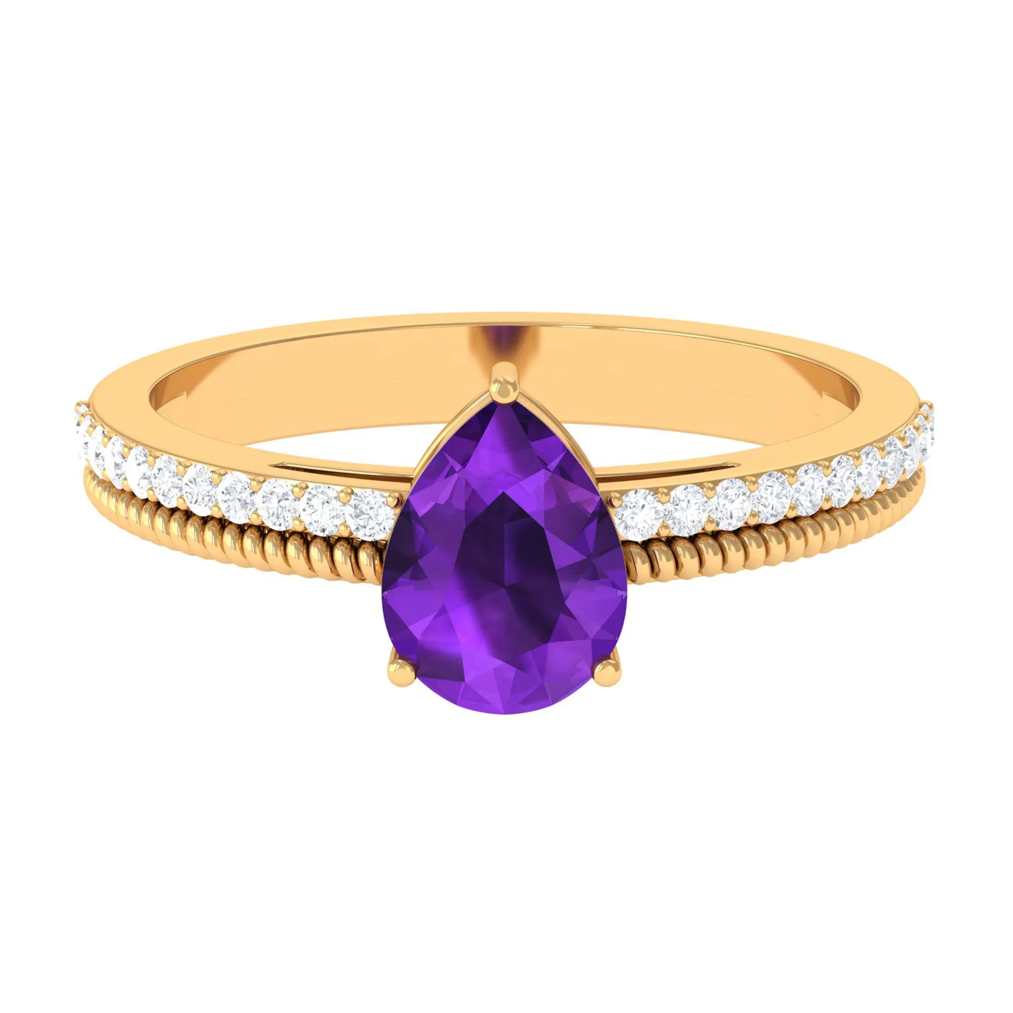 Pear Shaped Amethyst and Diamond Solitaire Ring with Twisted Rope