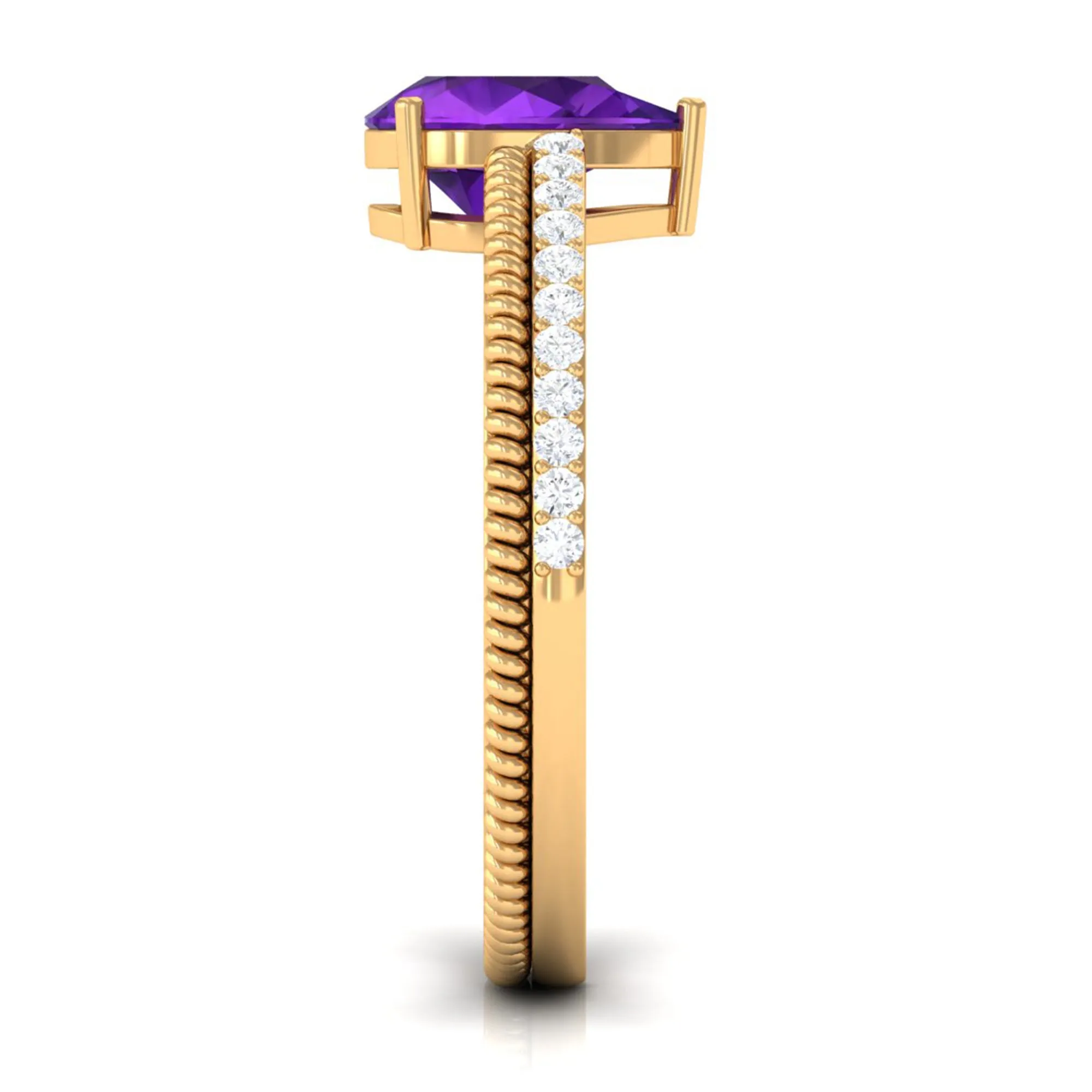 Pear Shaped Amethyst and Diamond Solitaire Ring with Twisted Rope
