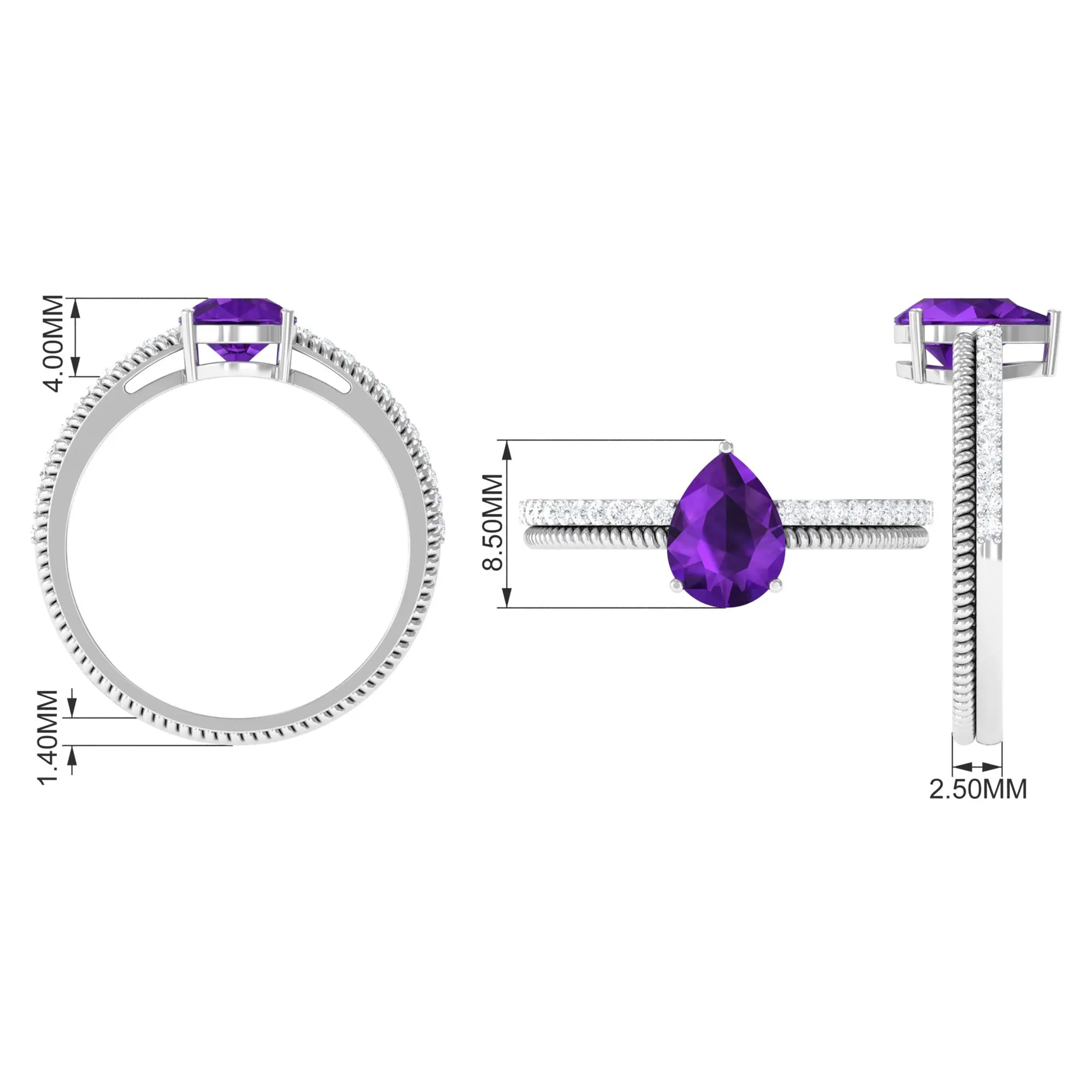 Pear Shaped Amethyst and Diamond Solitaire Ring with Twisted Rope