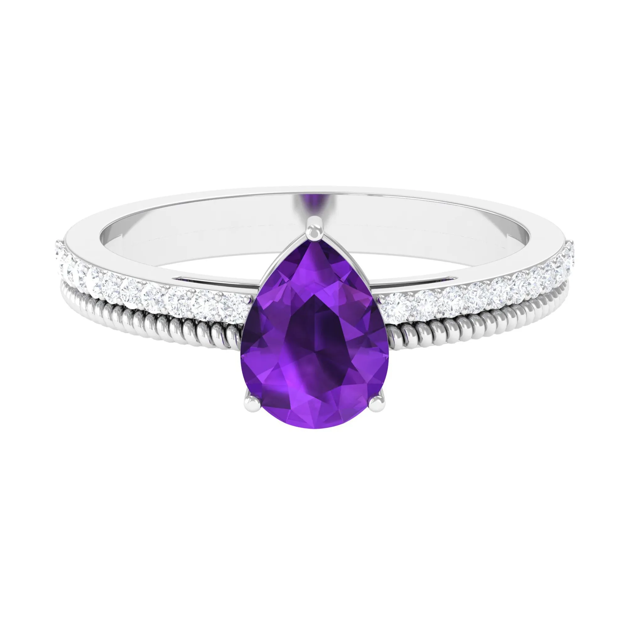 Pear Shaped Amethyst and Diamond Solitaire Ring with Twisted Rope