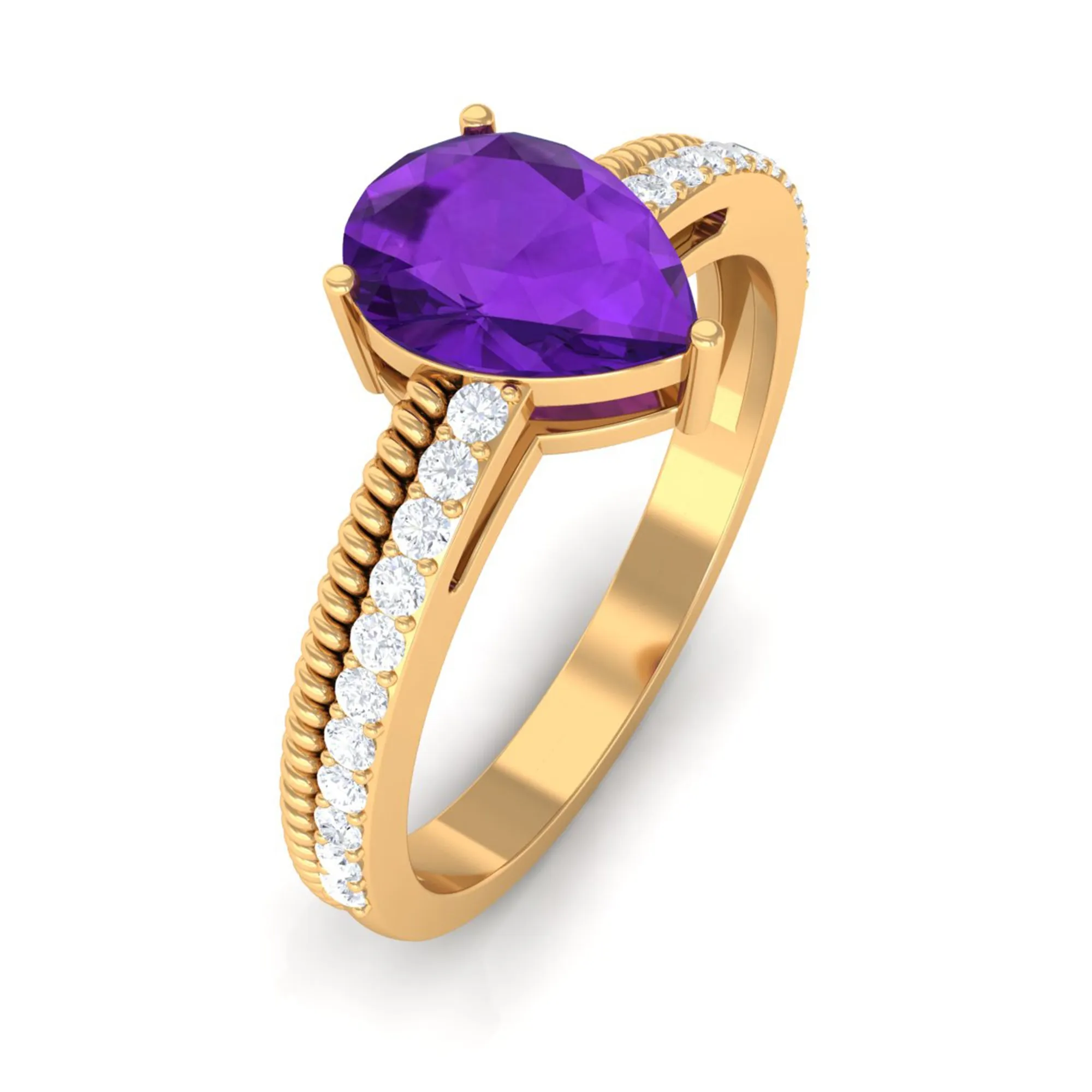 Pear Shaped Amethyst and Diamond Solitaire Ring with Twisted Rope