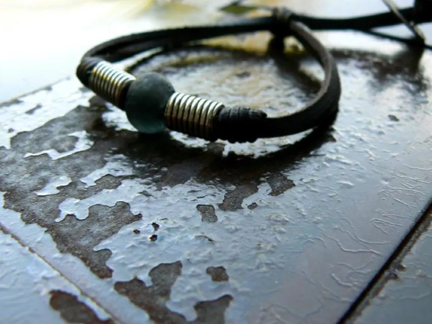 POWA African Glass Bead Leather Bracelet, Adjustable Cord Stacking Bracelet- SS1116