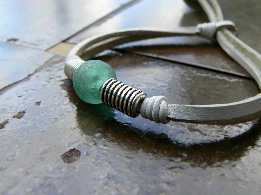 POWA African Glass Bead Leather Bracelet, Adjustable Cord Stacking Bracelet- SS1116