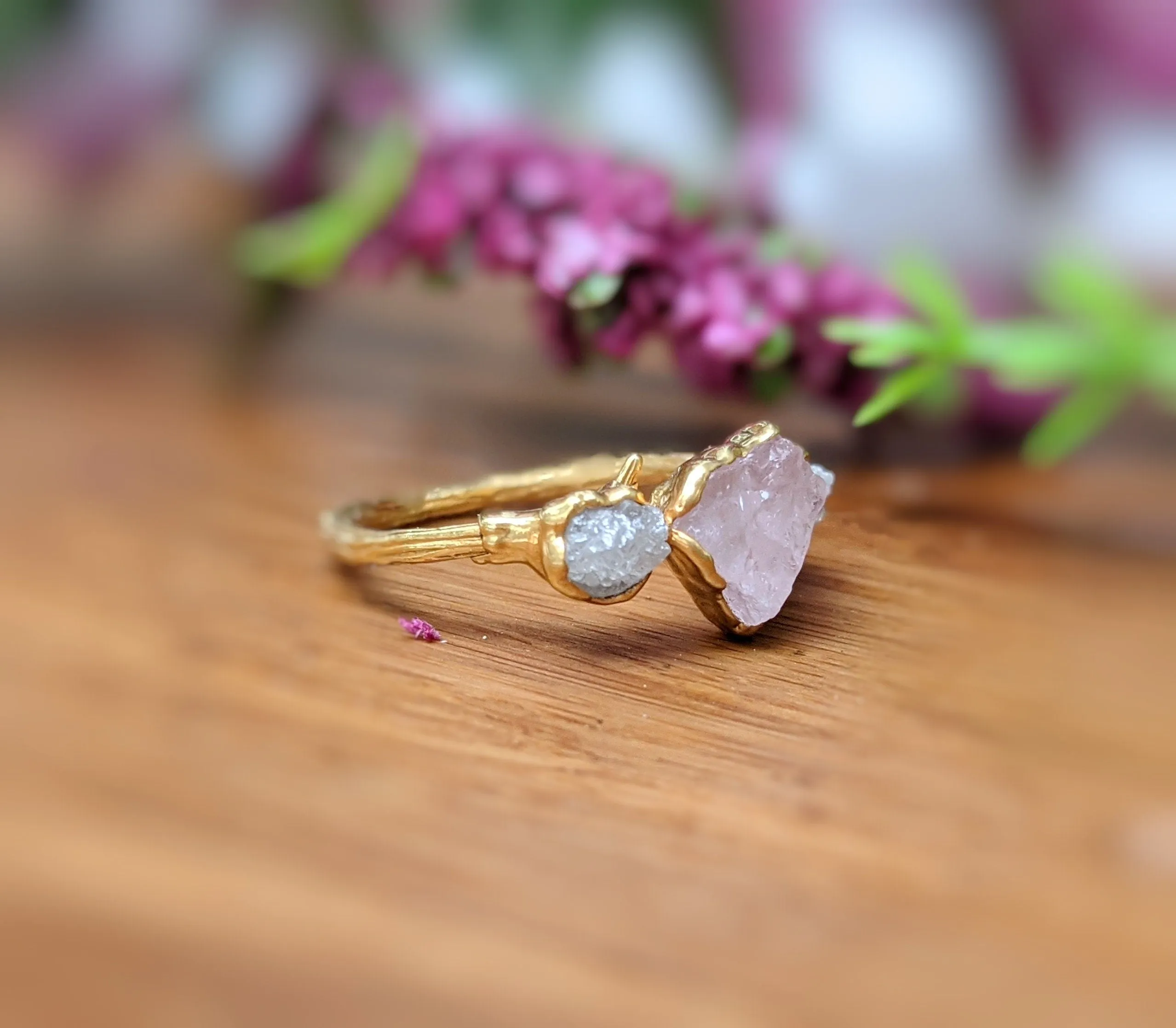 Raw pink Morganite and raw diamond ring