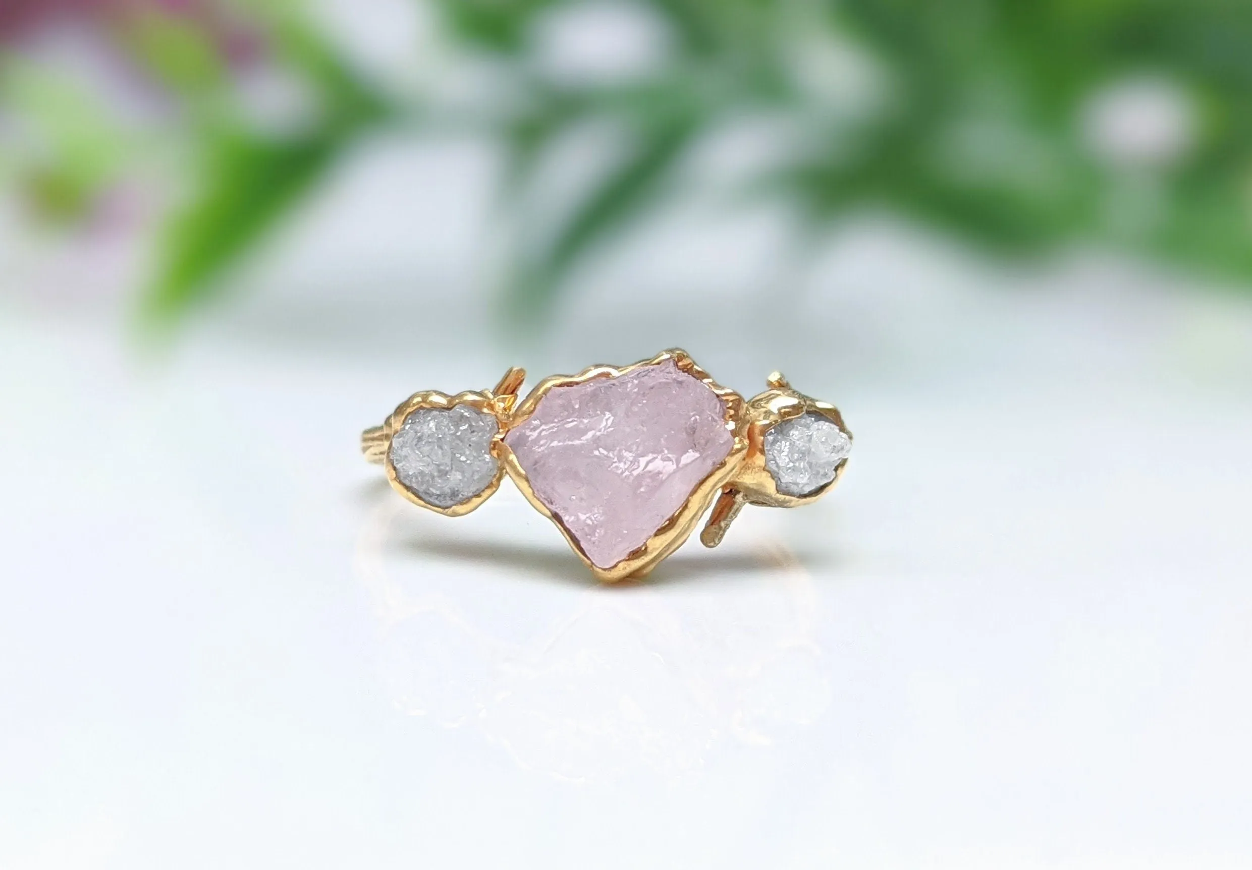 Raw pink Morganite and raw diamond ring