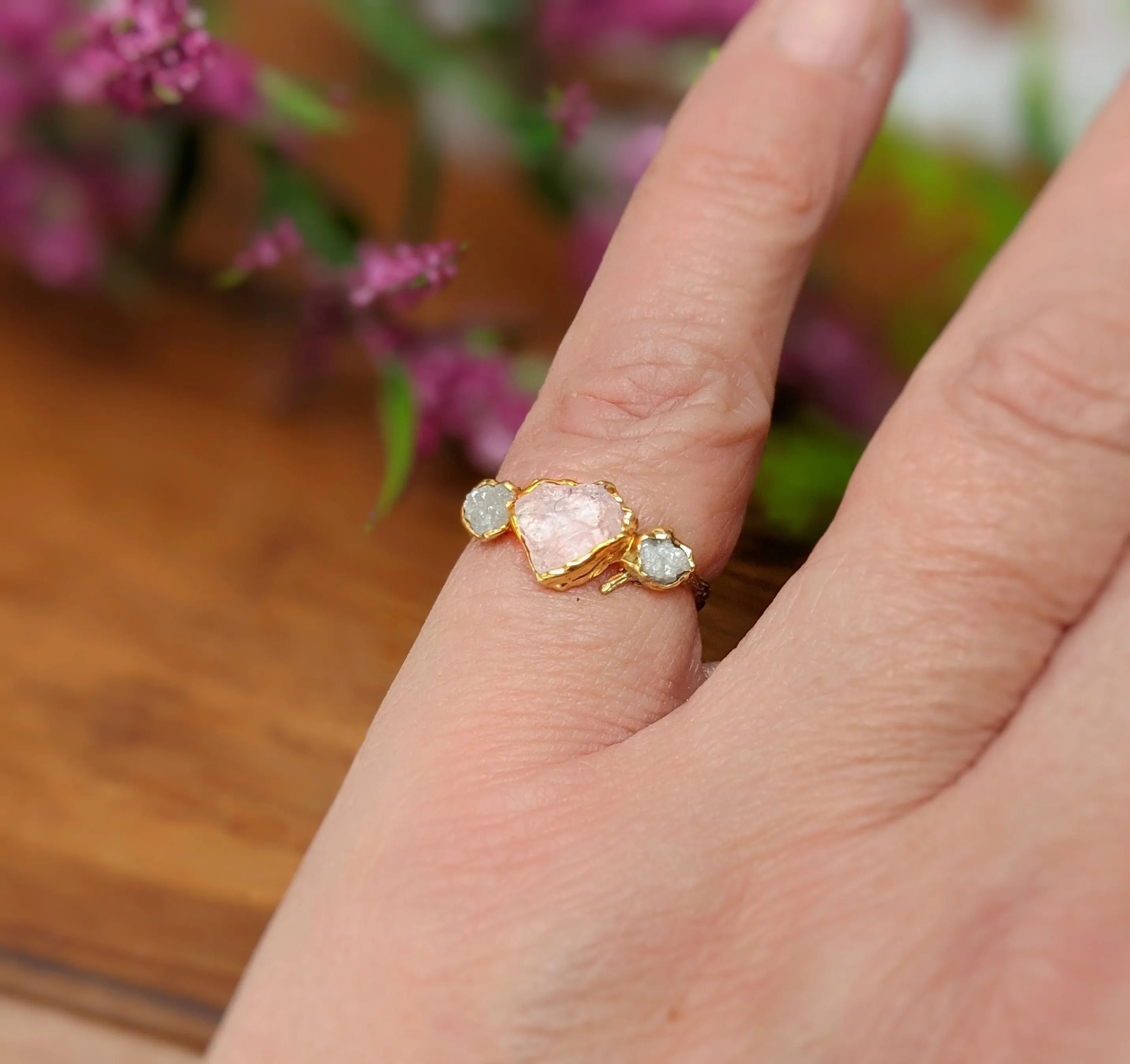 Raw pink Morganite and raw diamond ring