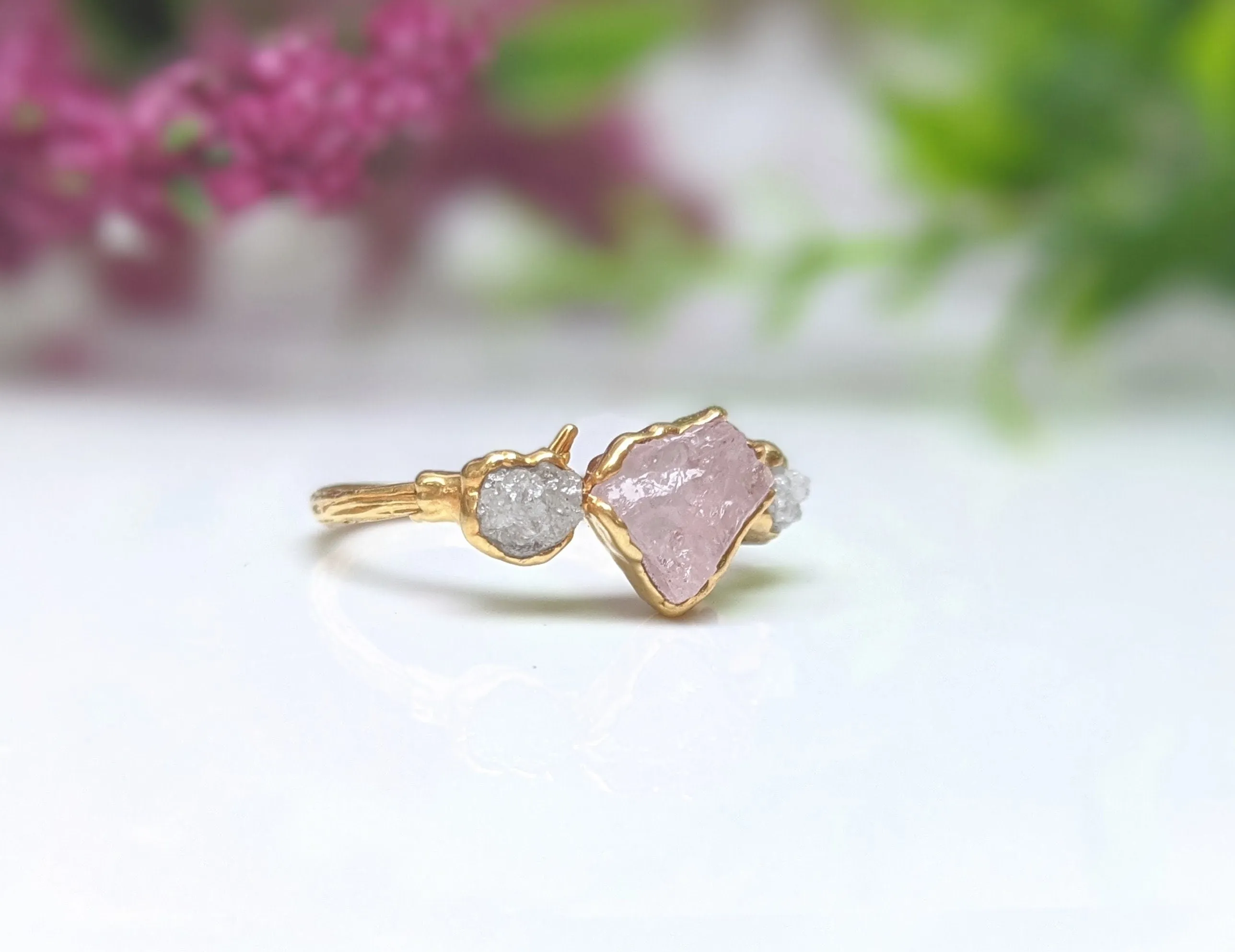 Raw pink Morganite and raw diamond ring