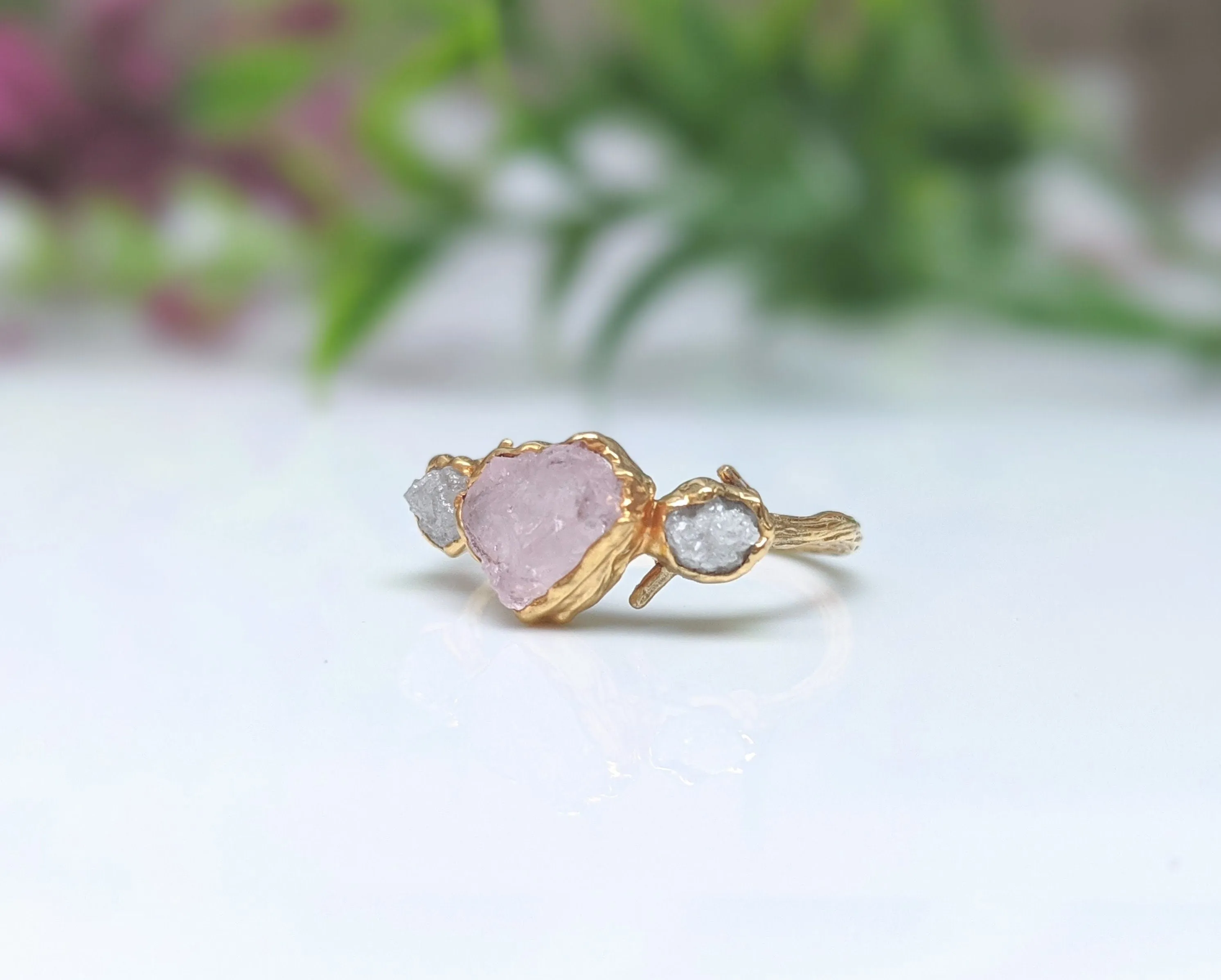 Raw pink Morganite and raw diamond ring