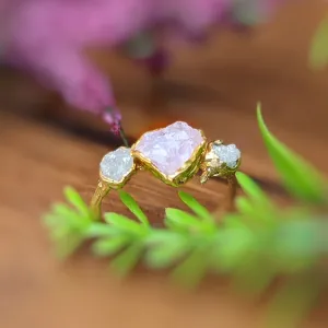Raw pink Morganite and raw diamond ring