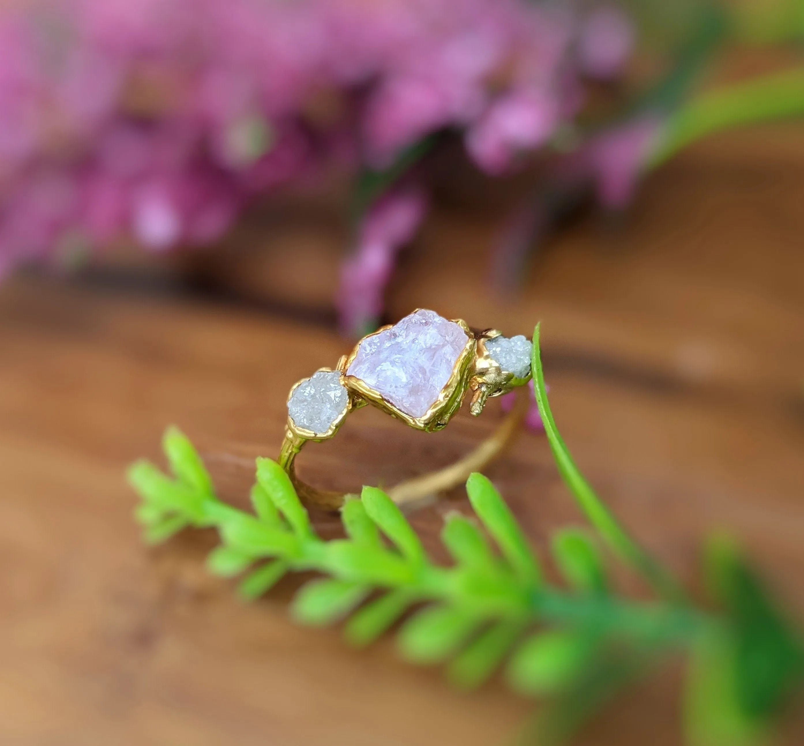 Raw pink Morganite and raw diamond ring