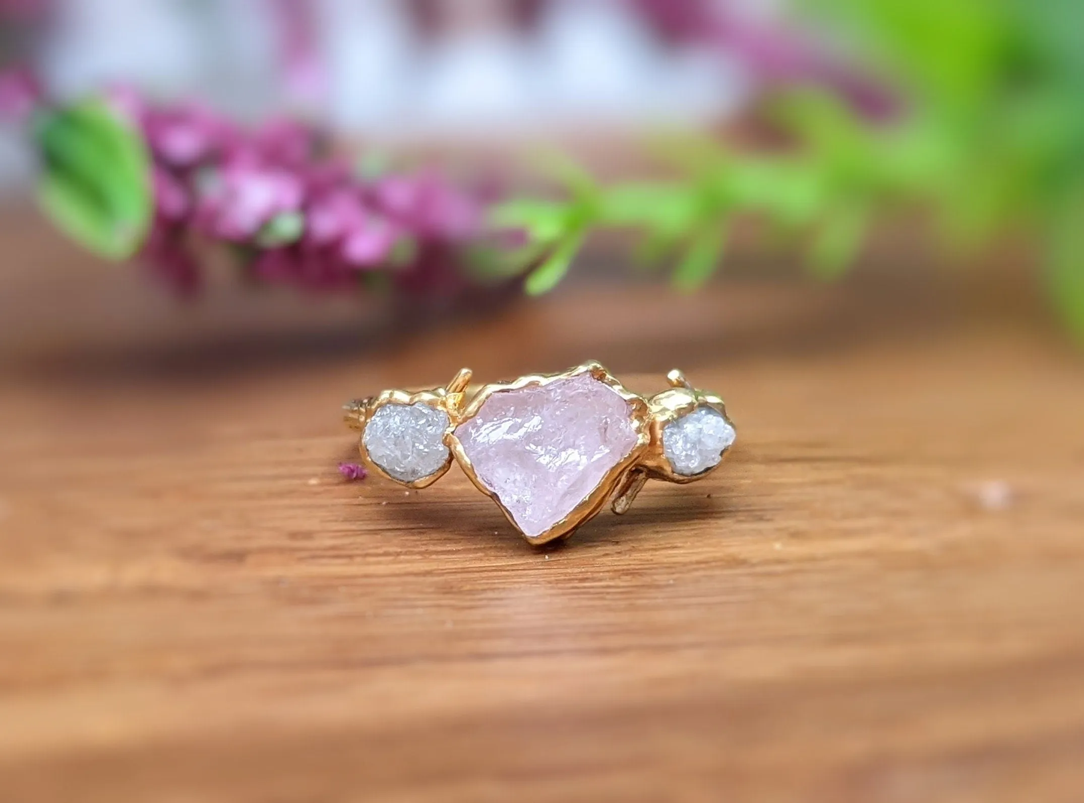 Raw pink Morganite and raw diamond ring