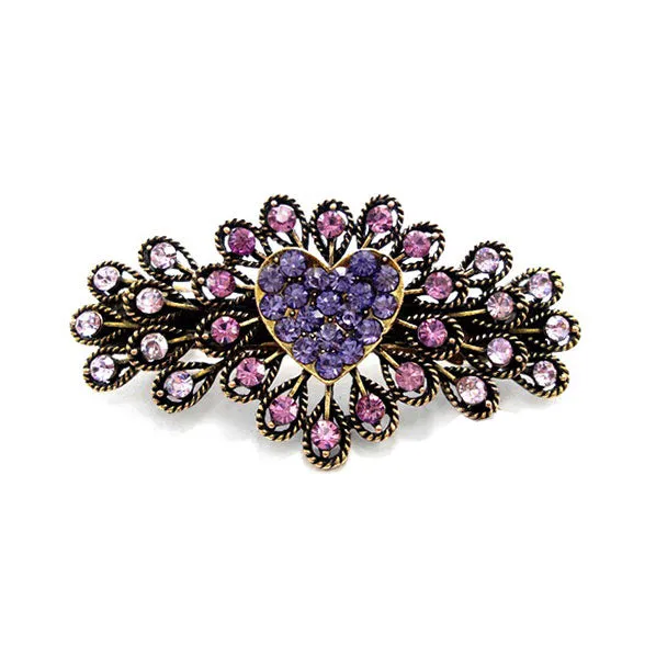 Rhinestone Heart Antique Brass Finish Princess Hair Barrette