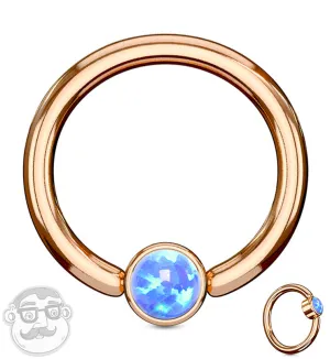 Rose Gold PVD Blue Opalite Flat Disk Captive Ring