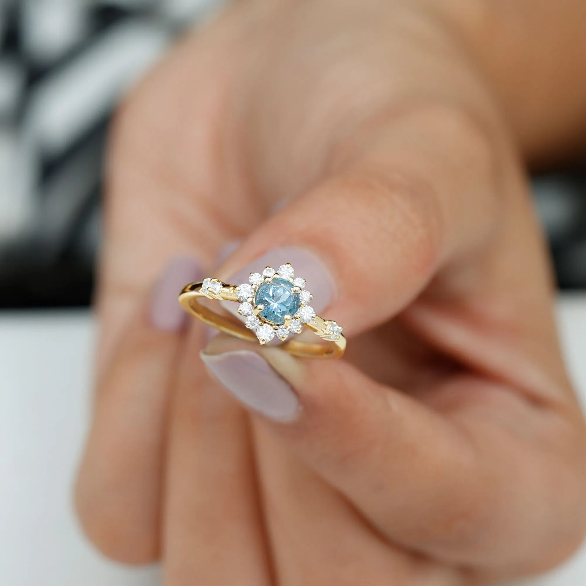 Round Aquamarine and Diamond Classic Halo Ring