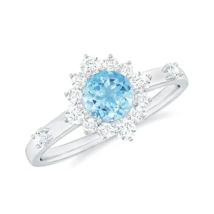 Round Aquamarine and Diamond Classic Halo Ring
