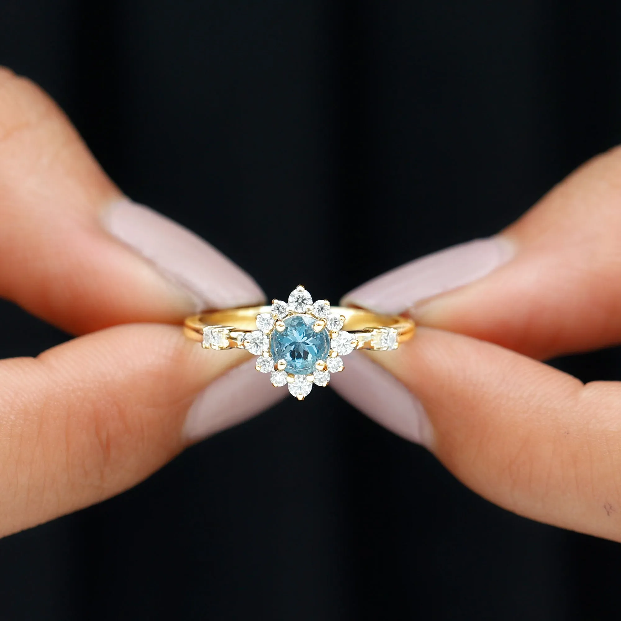 Round Aquamarine and Diamond Classic Halo Ring