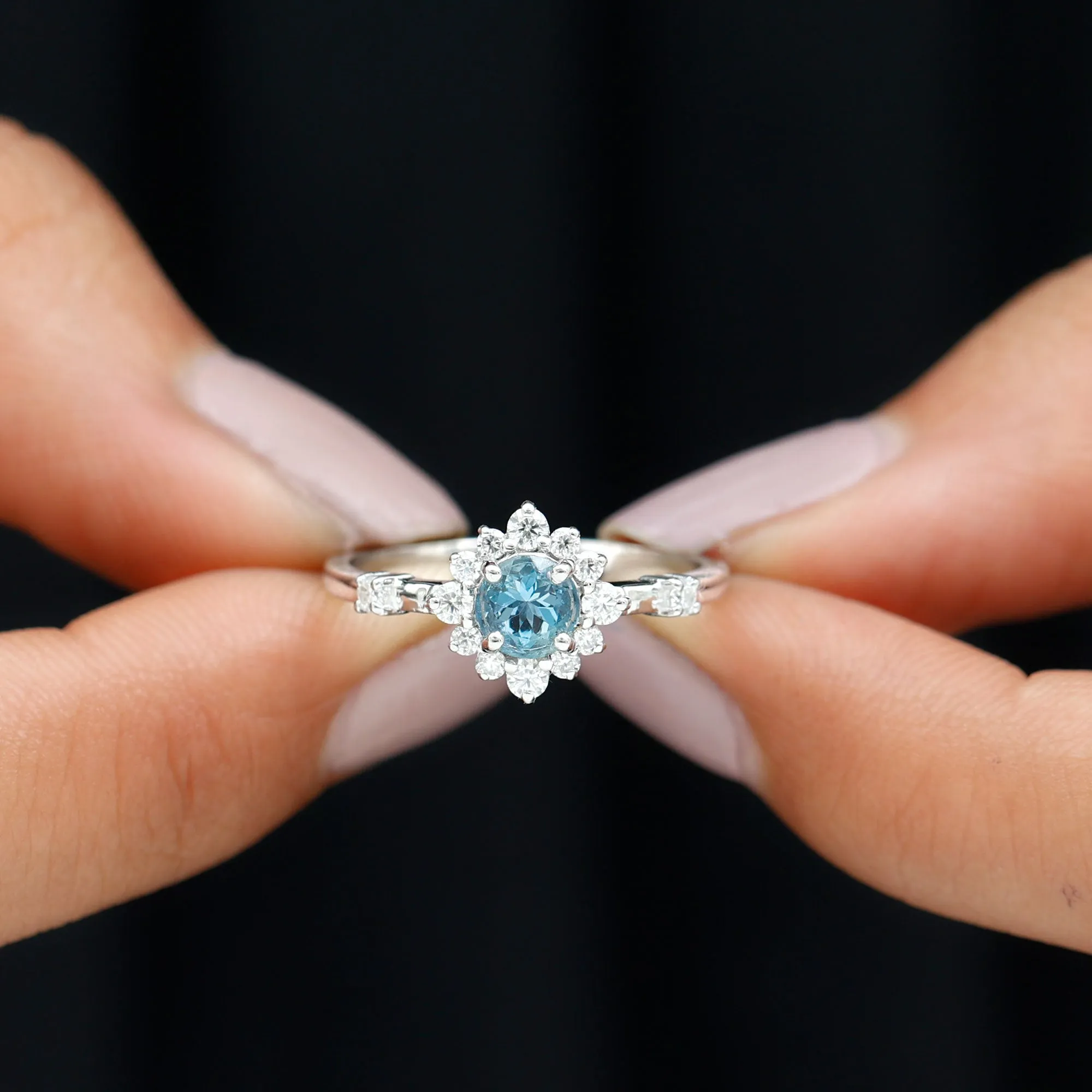 Round Aquamarine and Diamond Classic Halo Ring