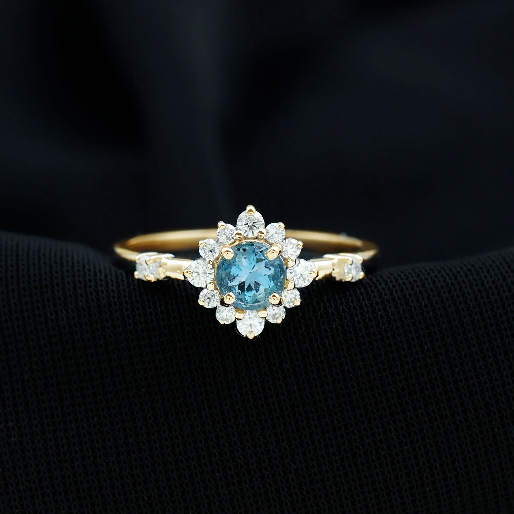 Round Aquamarine and Diamond Classic Halo Ring