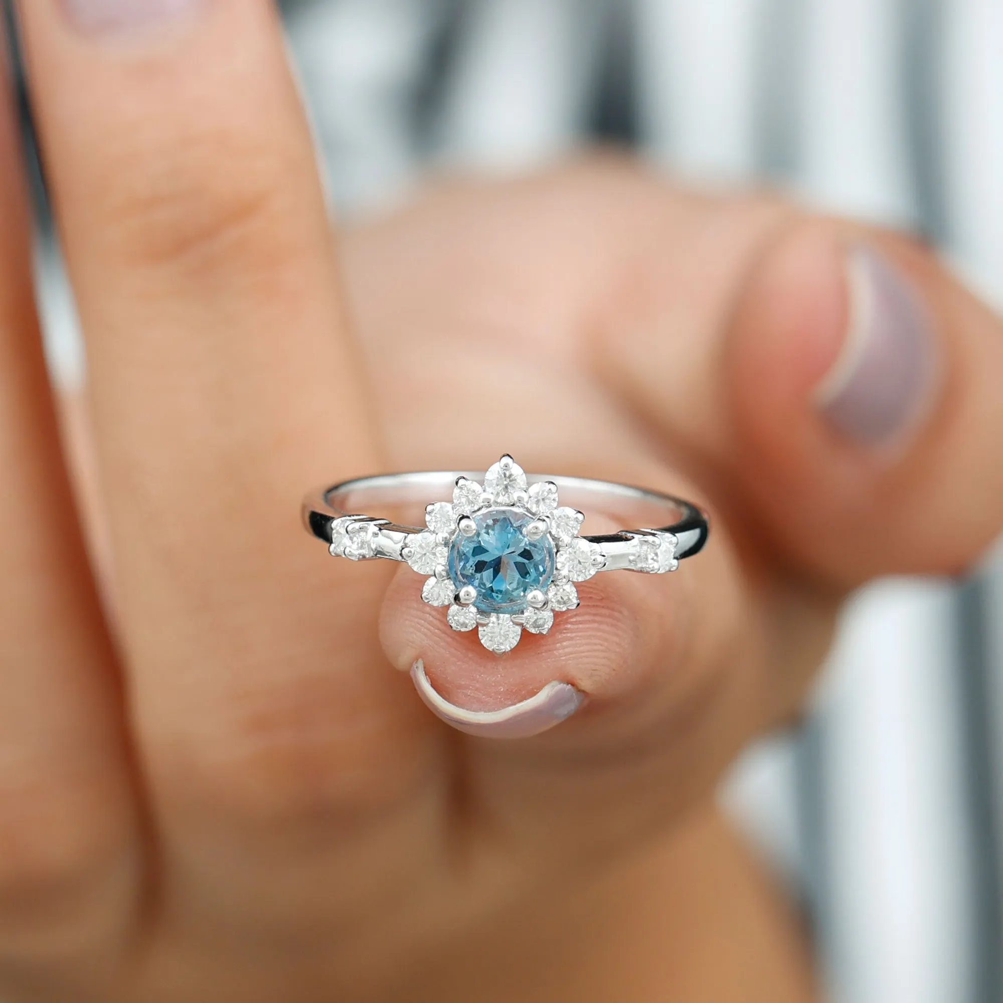 Round Aquamarine and Diamond Classic Halo Ring