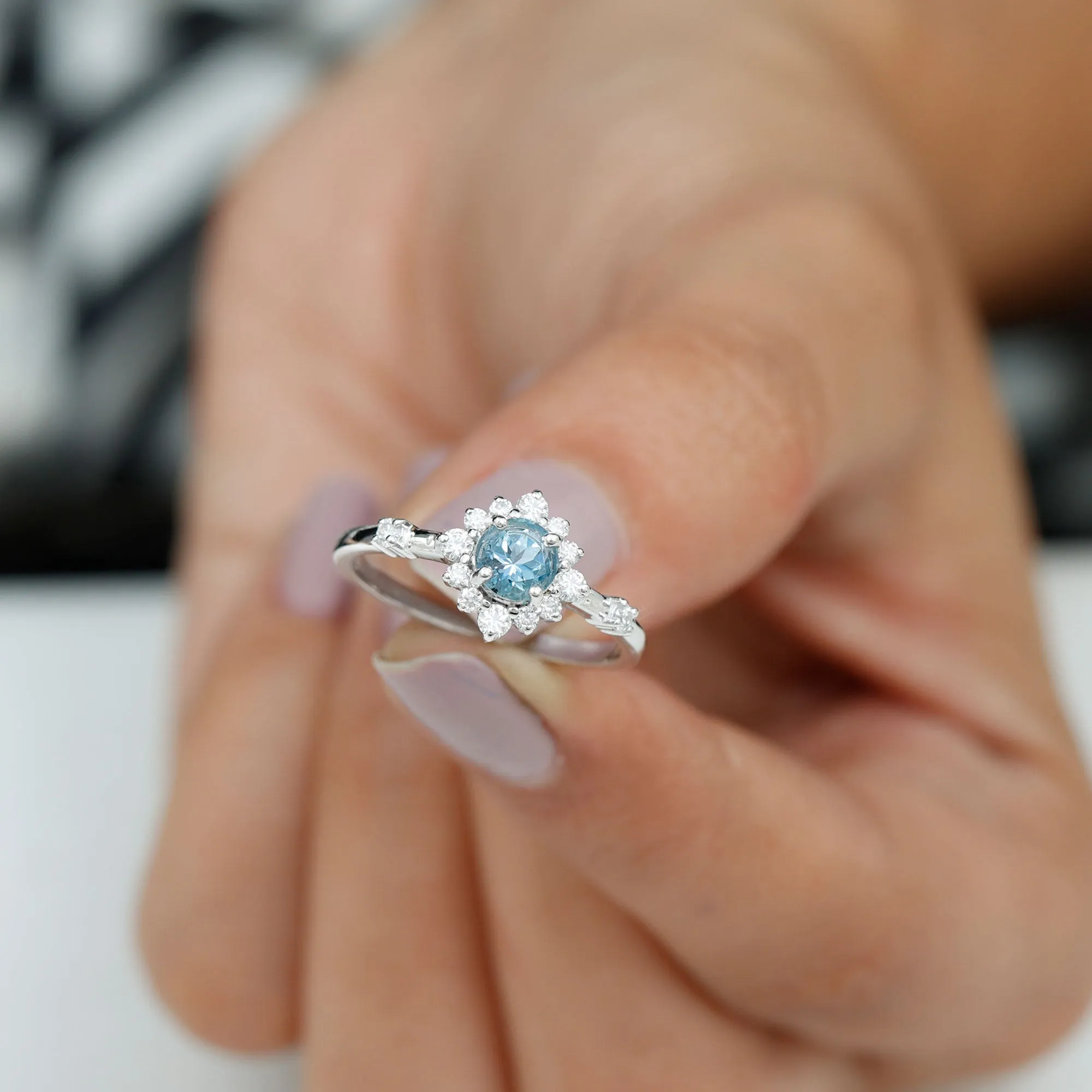 Round Aquamarine and Diamond Classic Halo Ring