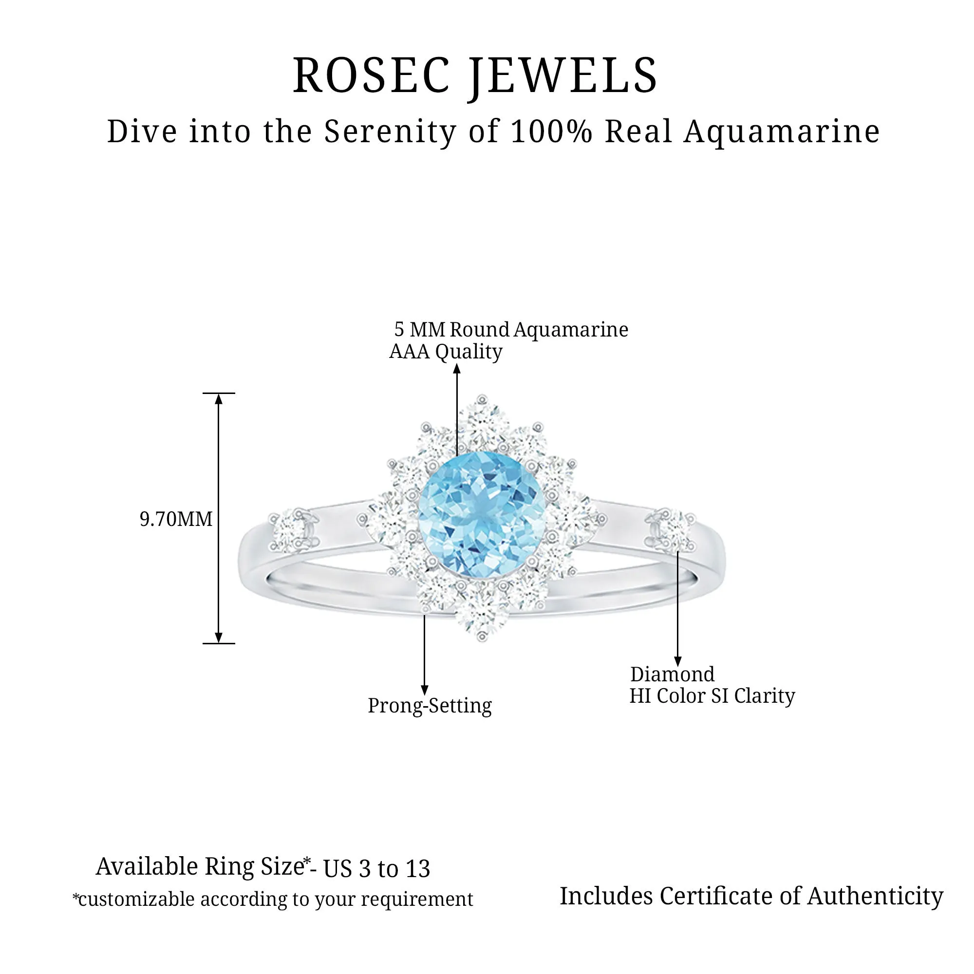 Round Aquamarine and Diamond Classic Halo Ring