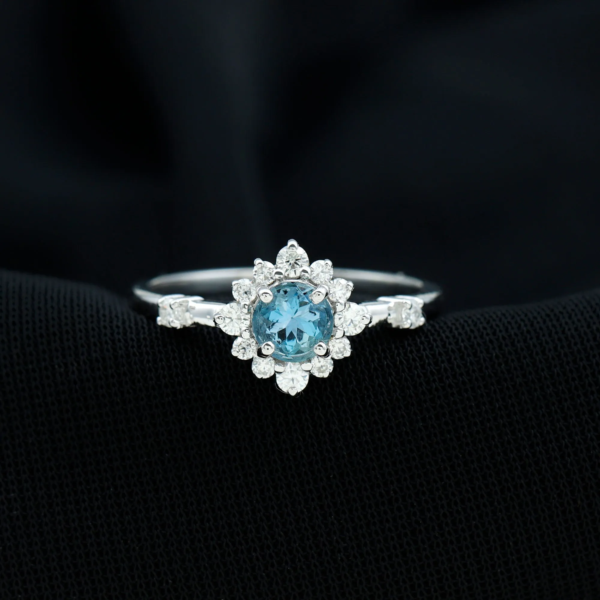 Round Aquamarine and Diamond Classic Halo Ring