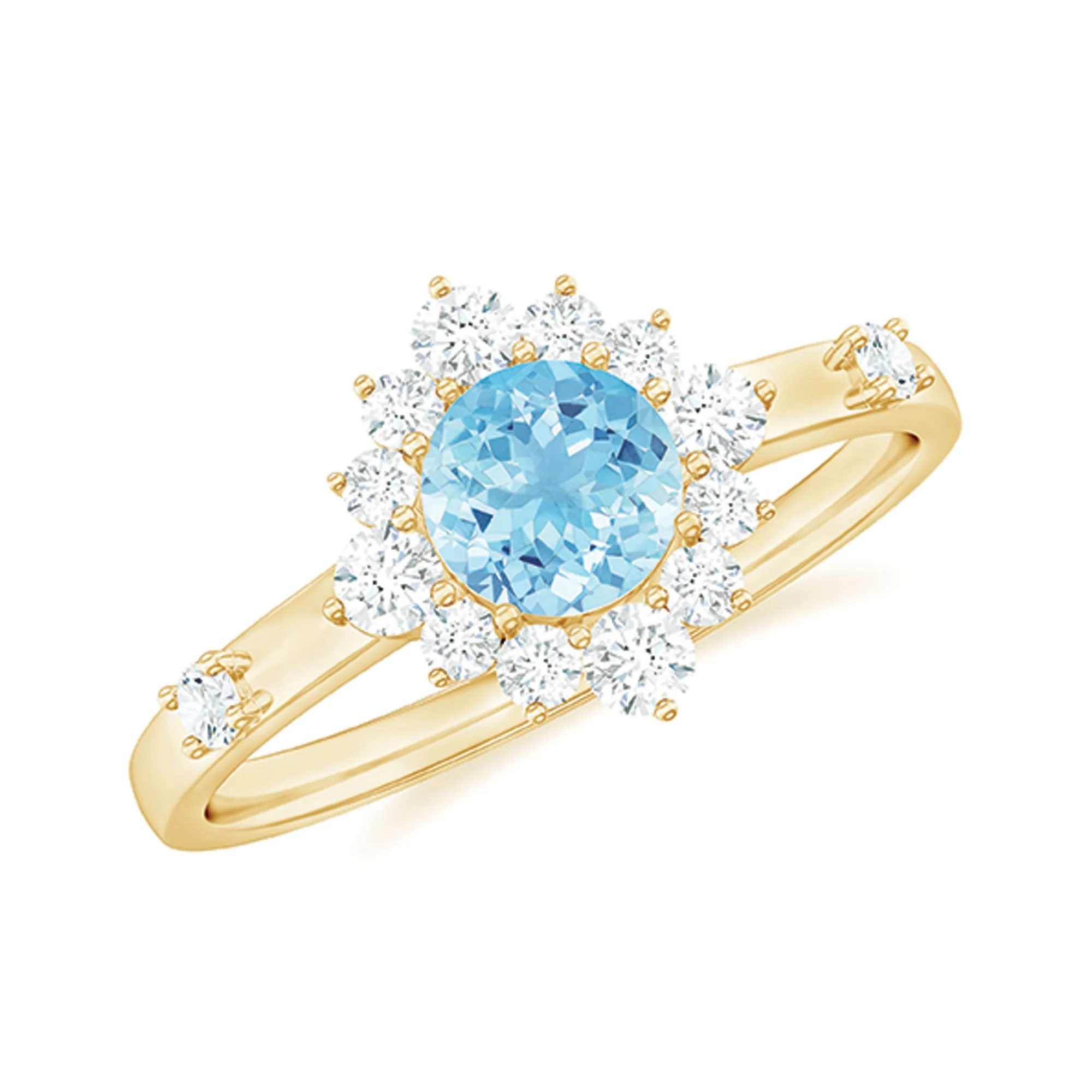 Round Aquamarine and Diamond Classic Halo Ring
