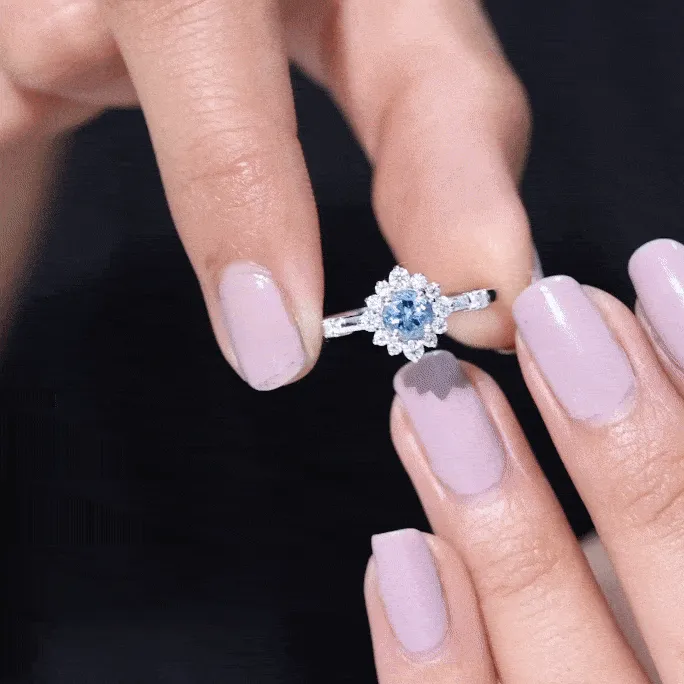 Round Aquamarine and Diamond Classic Halo Ring