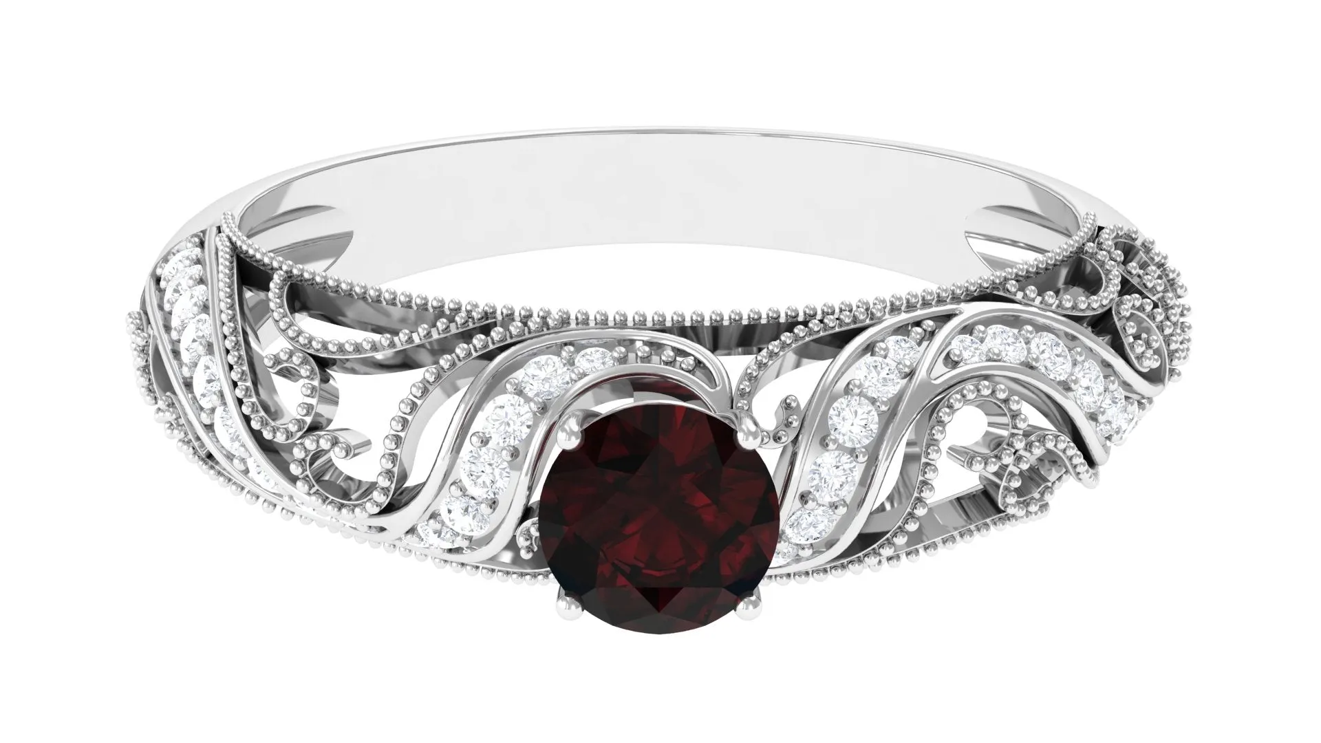 Round Garnet Vintage Inspired Engagement Ring with Diamond