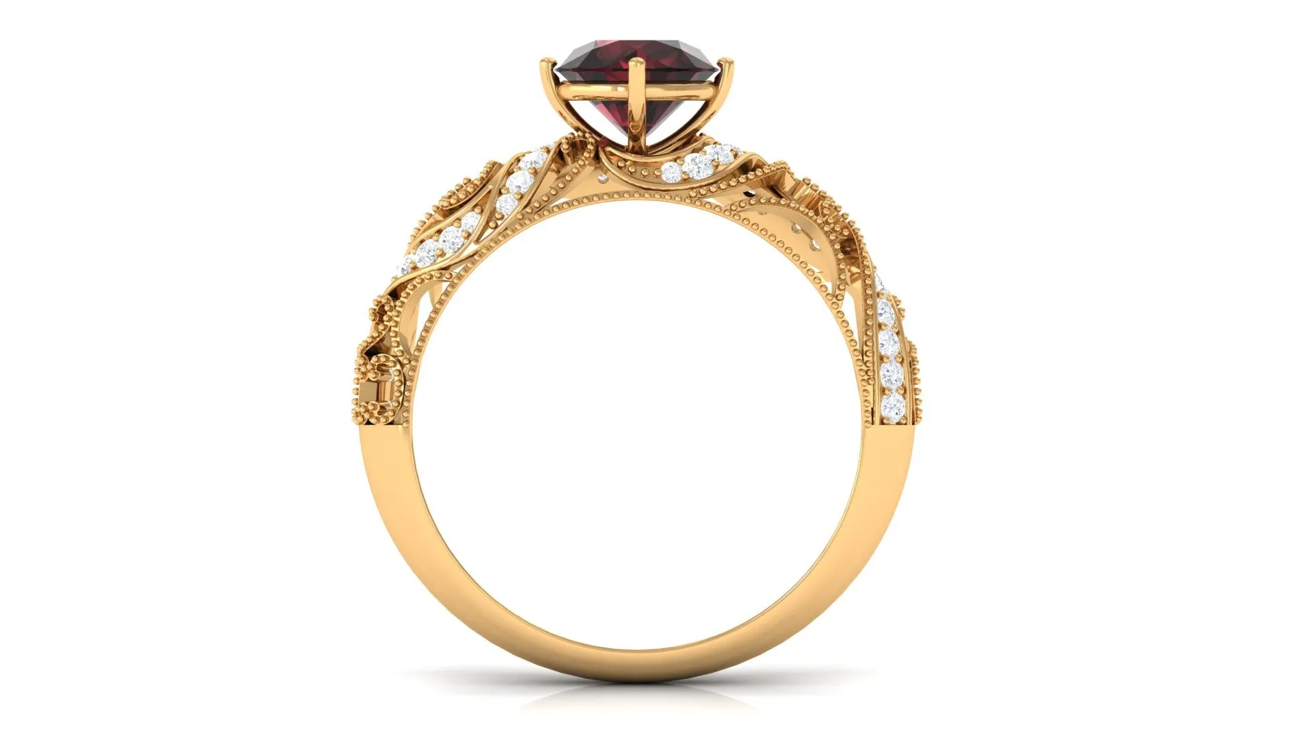 Round Garnet Vintage Inspired Engagement Ring with Diamond