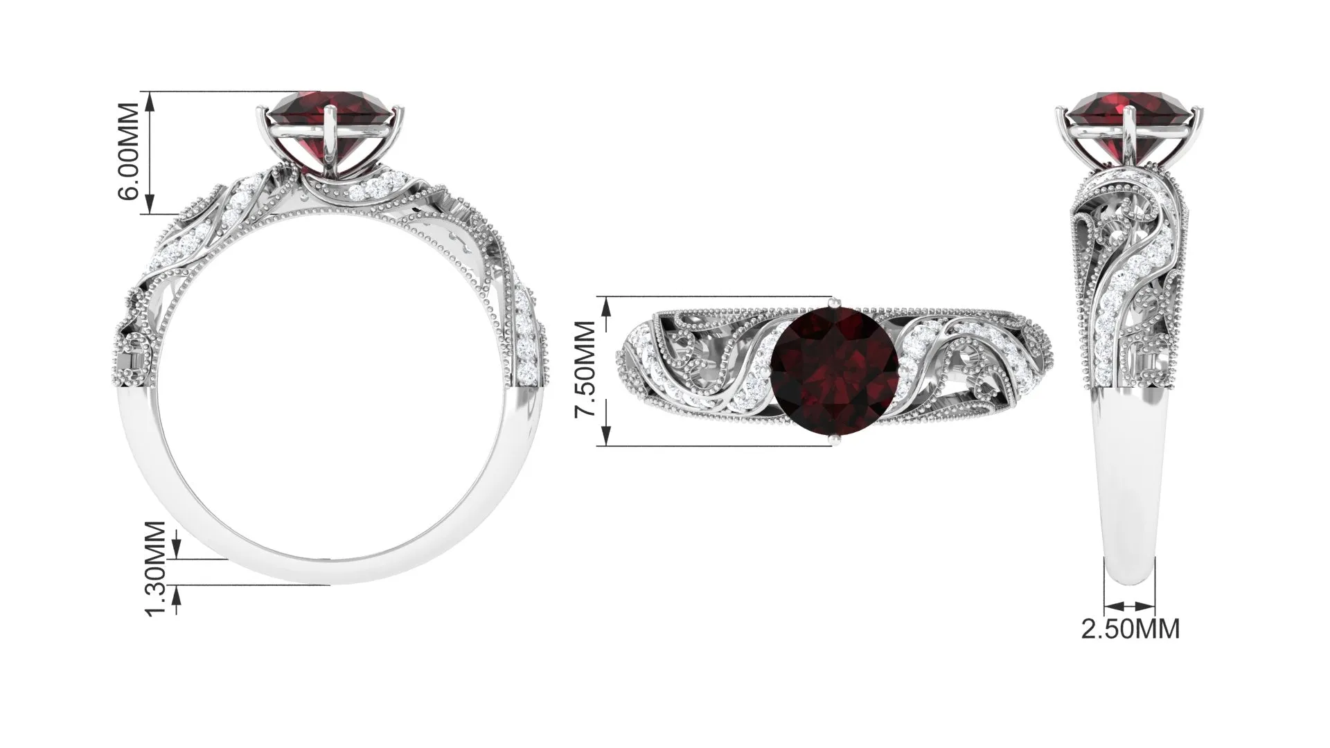 Round Garnet Vintage Inspired Engagement Ring with Diamond