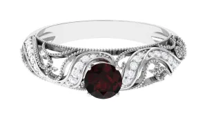 Round Garnet Vintage Inspired Engagement Ring with Diamond