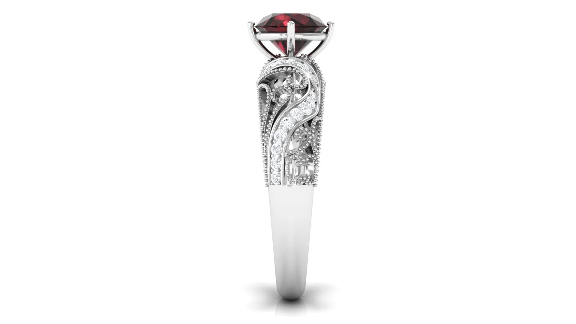 Round Garnet Vintage Inspired Engagement Ring with Diamond