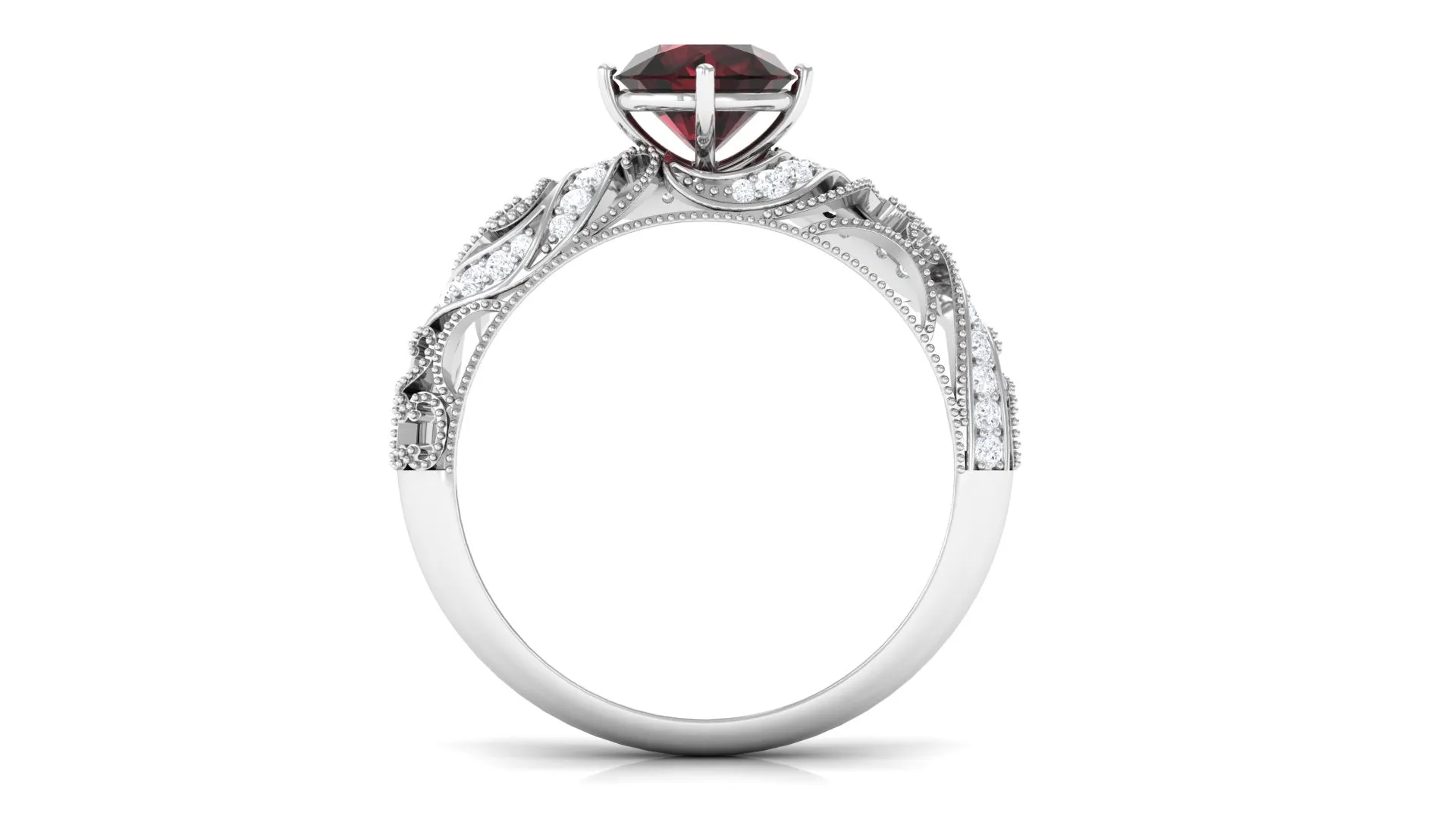 Round Garnet Vintage Inspired Engagement Ring with Diamond