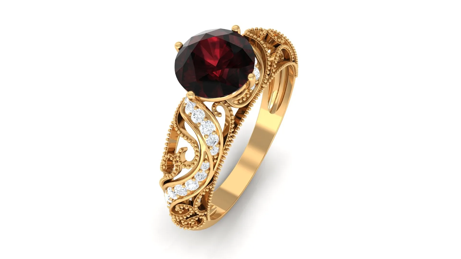 Round Garnet Vintage Inspired Engagement Ring with Diamond