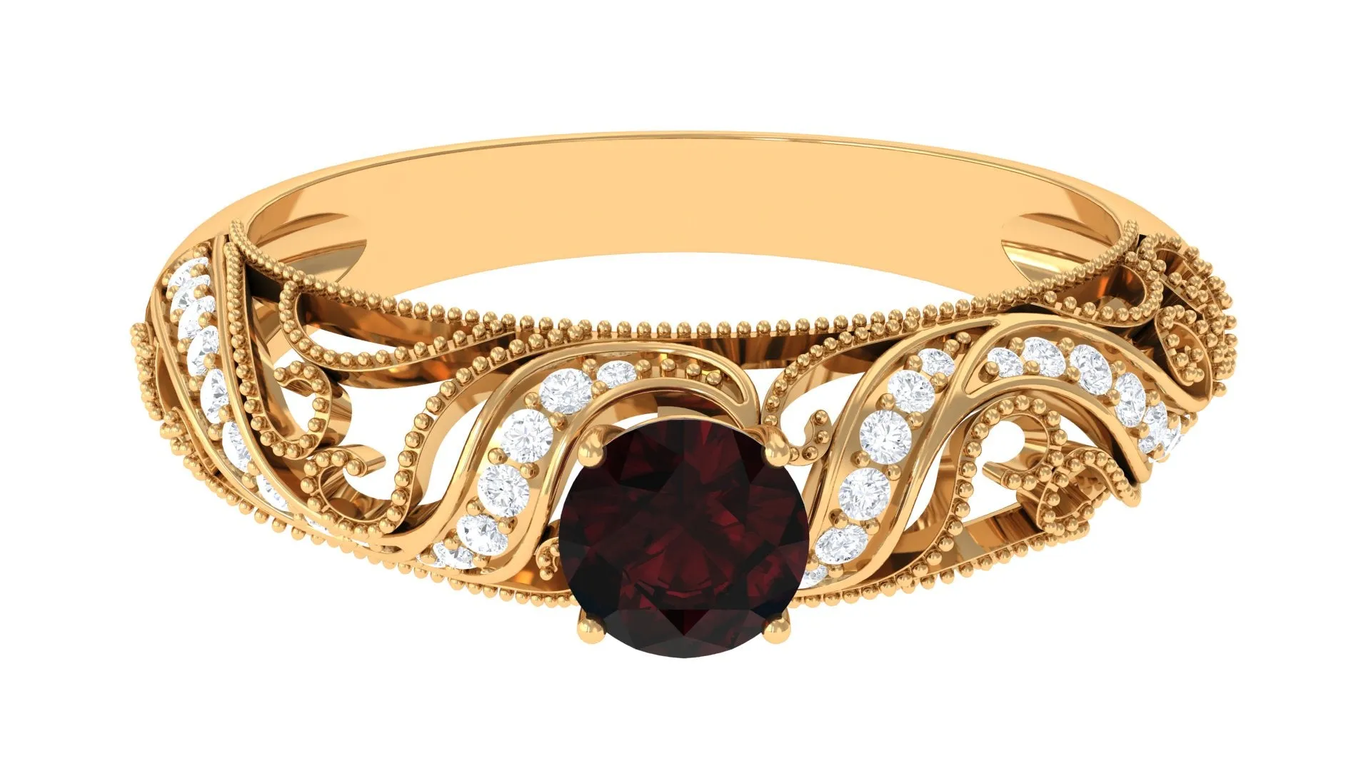Round Garnet Vintage Inspired Engagement Ring with Diamond